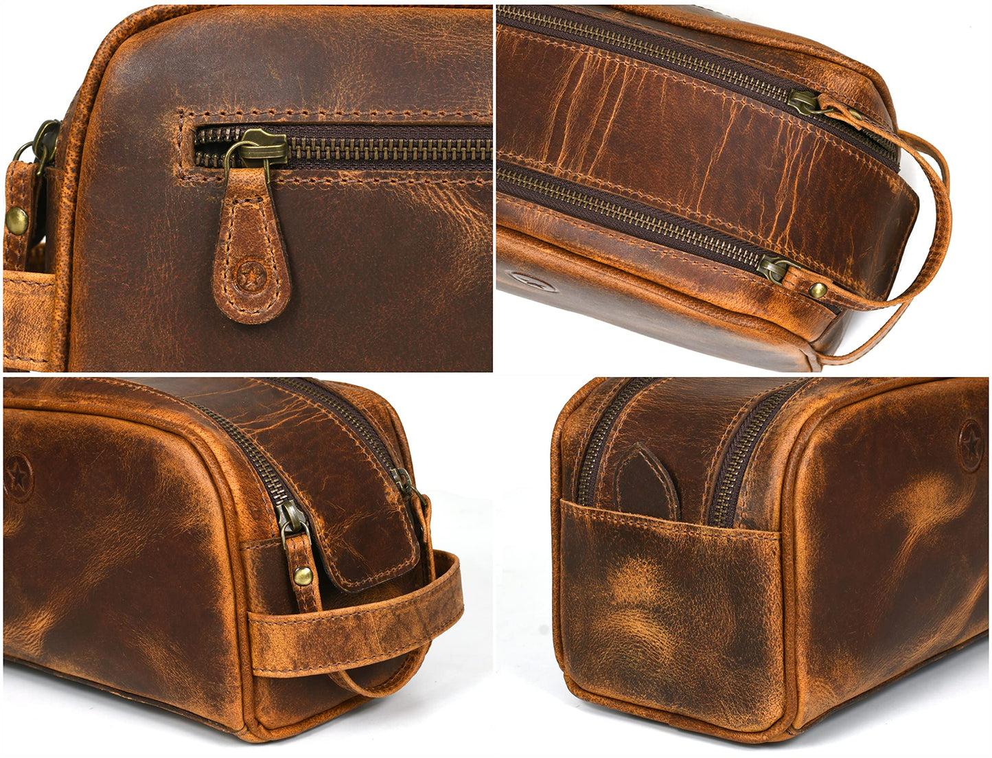 10" Premium Leather Toiletry Travel Pouch with Waterproof Lining | King-Size Handcrafted Vintage Dopp Kit by Aaron Leather Goods (Copper)