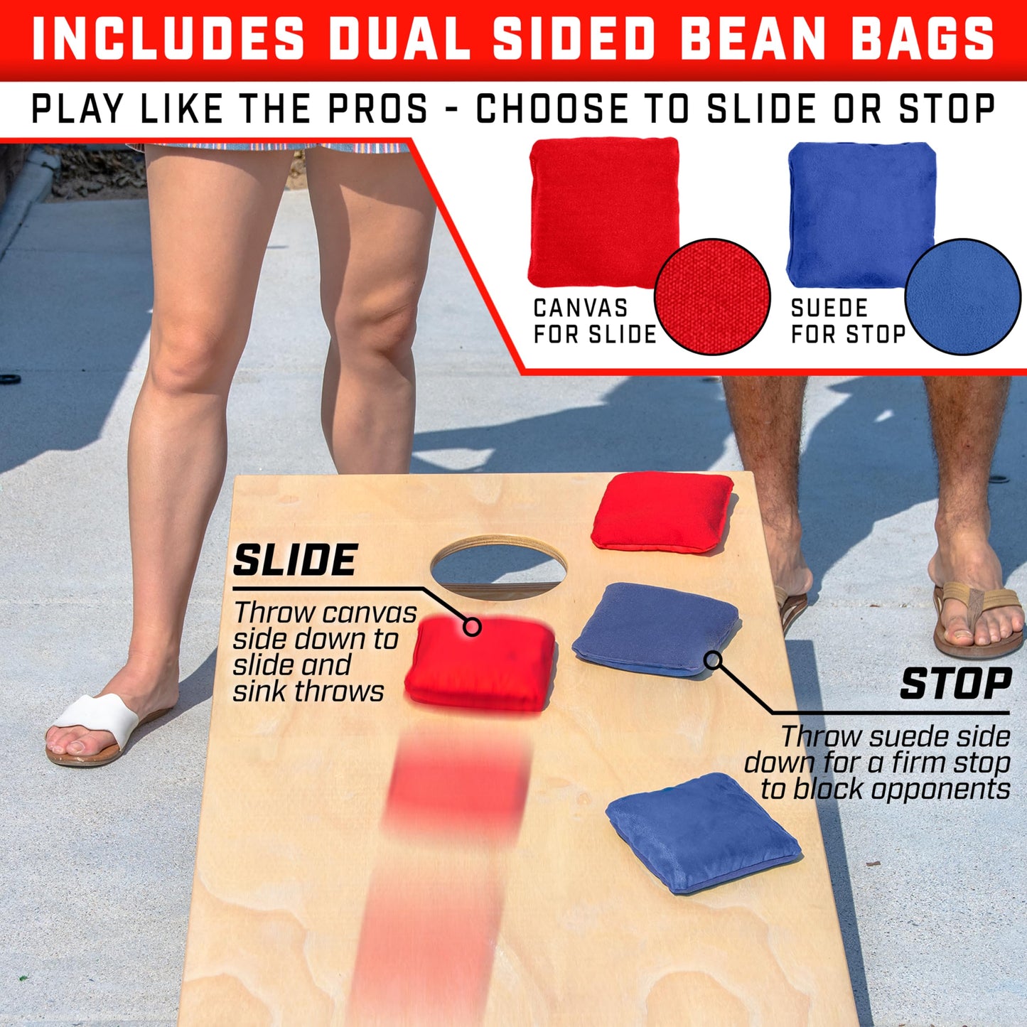 GoSports Dual Sided Cornhole Bean Bags - Slide and Stop Regulation Tournament Bean Bags, Set of 8 - Red and Blue