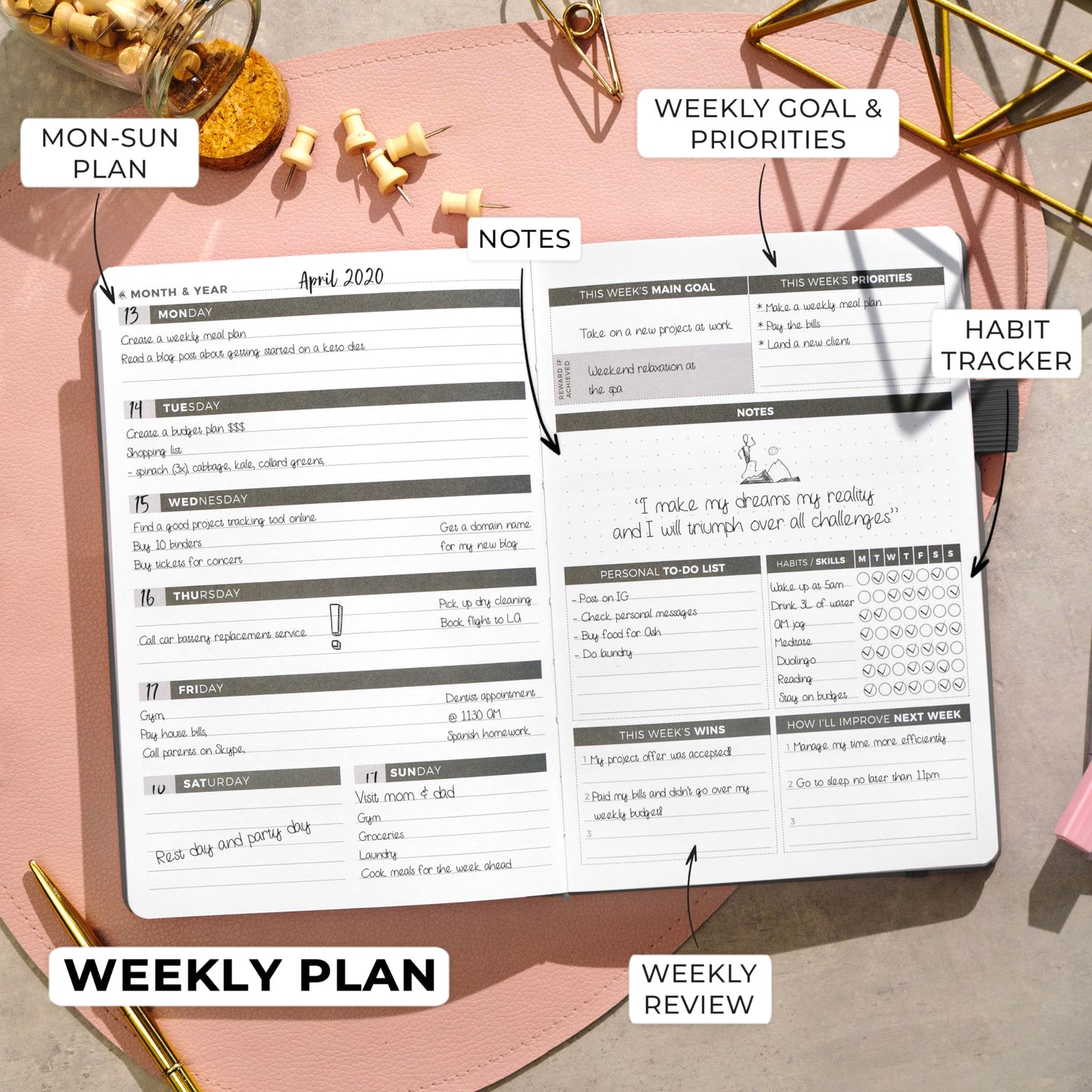 Clever Fox Planner – Weekly & Monthly Planner to Increase Productivity, Time Management and Hit Your Goals – Organizer, Gratitude Journal – Undated, Start Anytime, A5, Lasts 1 Year, Silver Black (Weekly)