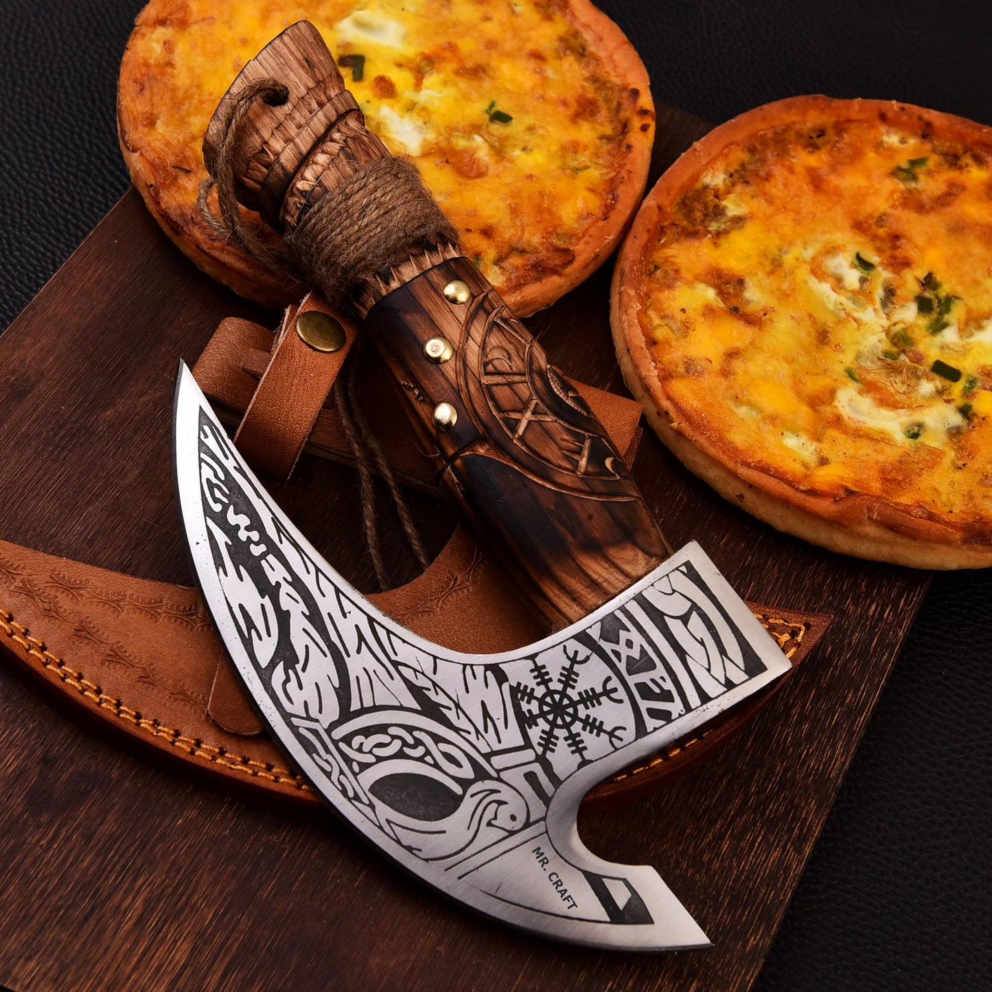 MR. CRAFT Pizza Cutter Axe Rocker by - Carbon Steel Slicer Chef Pizza Cutter Viking Axe with Leather Cover - Premium Pizza Oven Accessories Ulu Rocking Pizza Gift Gifts for Men (Engraved Ash Wood)