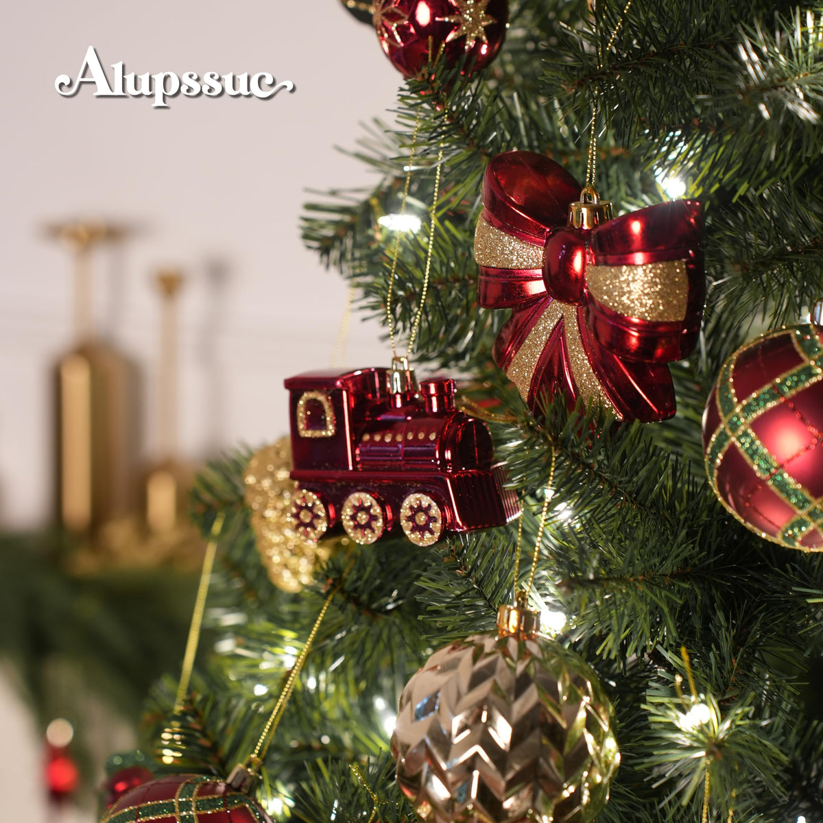 Alupssuc 82pcs Christmas Balls Ornaments Set, Delightful Classic Gift Set Gift Set, and Tree Topper for Xmas Tree Holiday Wedding Party Decorations with Hanging Strings, Gold，Red and Green