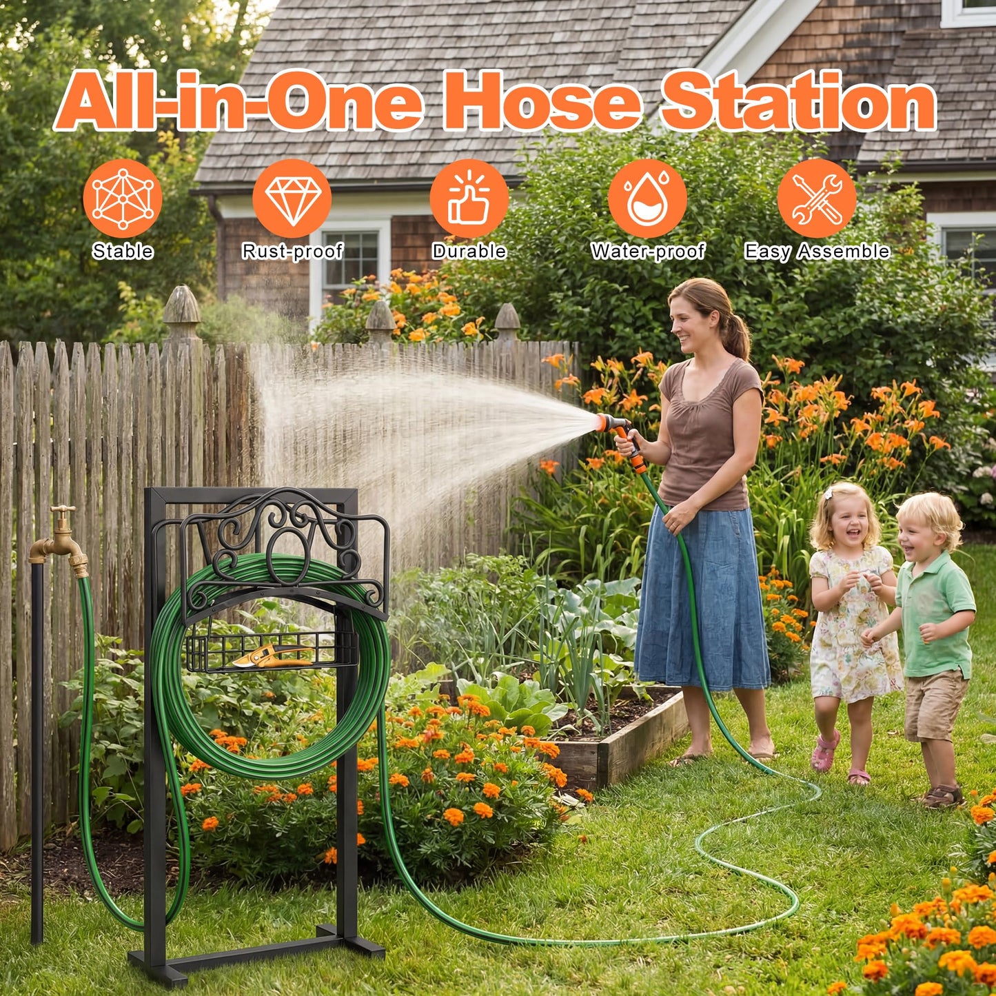 Garden Hose Holder, 2026 Upgraded Heavy Duty Water Hose Holder Stand with Storage Basket Holds 160ft, Freestanding Metal Garden Hose Reel Hanger Organzier Rack for Outdside Yard Lawn Farm, Black