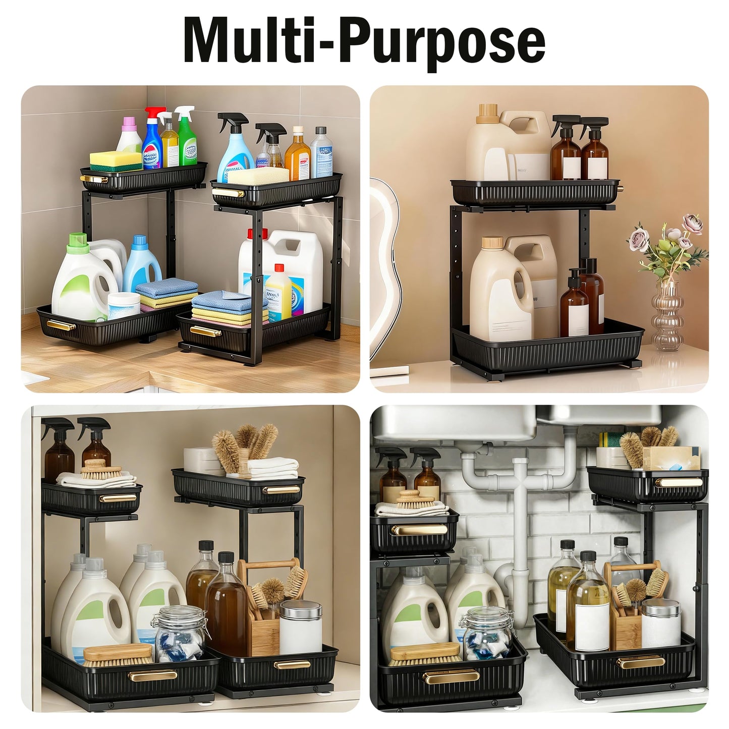 SNSLXH Under Sink Organizer 2 Pack, 2 Tier Pull Out Bathroom Storage Organizers, Kitchen Cabinet Organizers and Storage, Multi-Purpose Home & Kitchen Essentials, Black