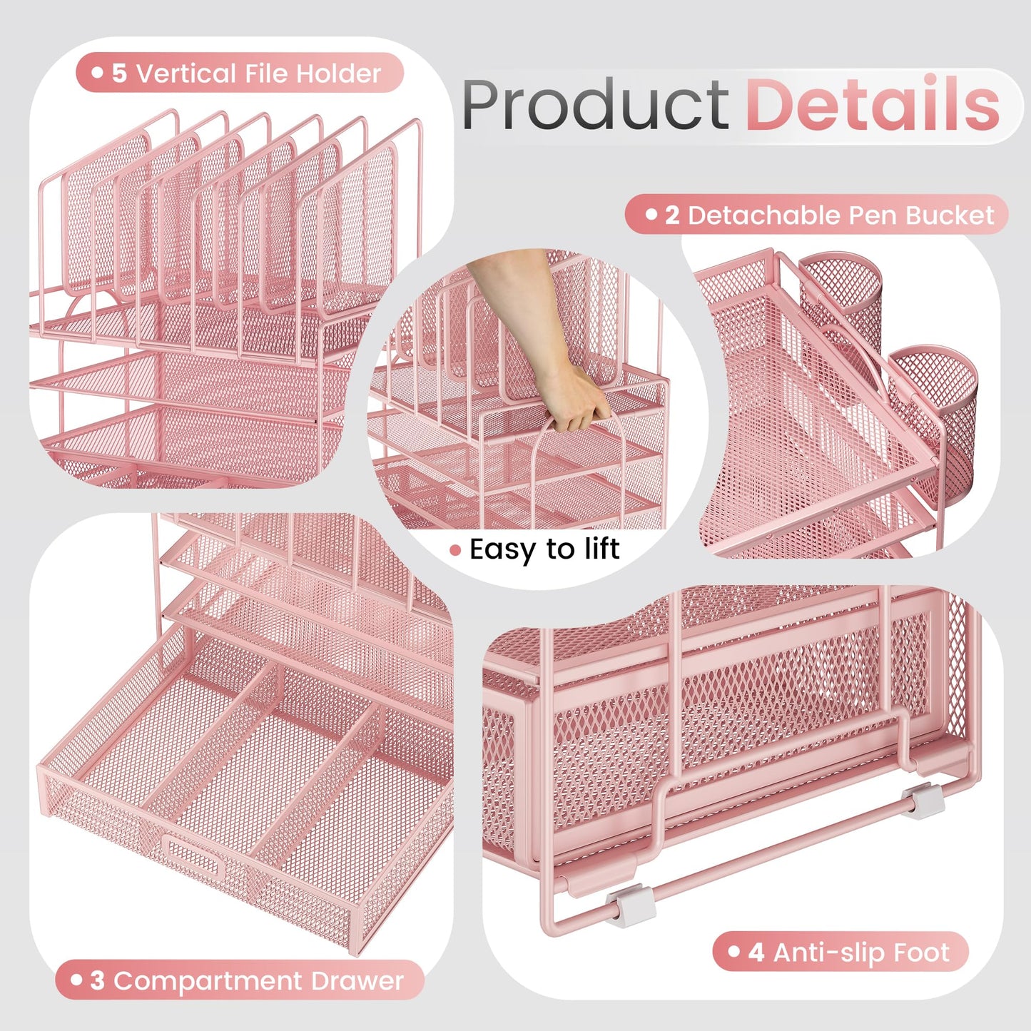 Marbrasse Desk organizer, 4 Tier Mesh File Organizer with 5 Vertical File Holders, Workspace Organizers with Drawer and 2 Pen Holders, Desk Storage for Office, School, Home (Pink)