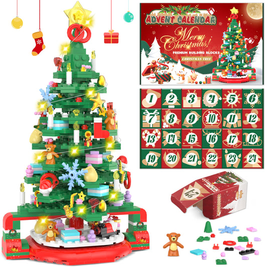 Advent Calendar 2025 Christmas Tree Building Set with LED Light, 24 Days Christmas Countdown Calendar Christmas Tree Building Blocks, Xmas Gifts for Adults Teens Kids