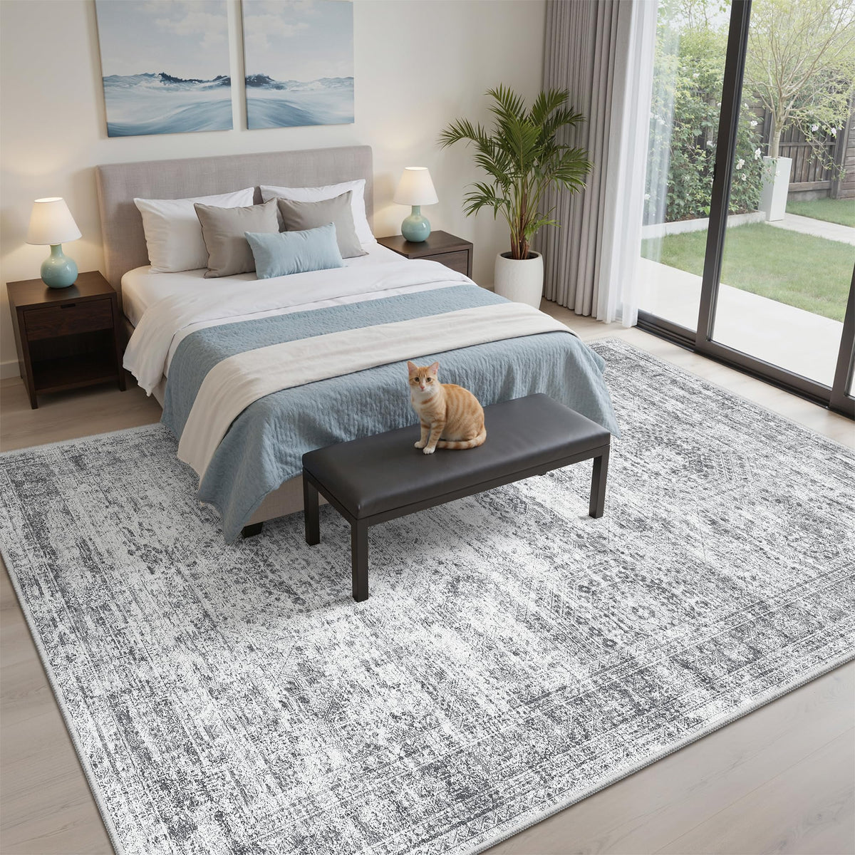 Soalmost 5x7 Area Rugs Gray Low Pile Indoor Washable Trendy Faded Style Rugs for Bedroom Living Room Dining Room Foldable Non-Slip Thin Grey Print Mat