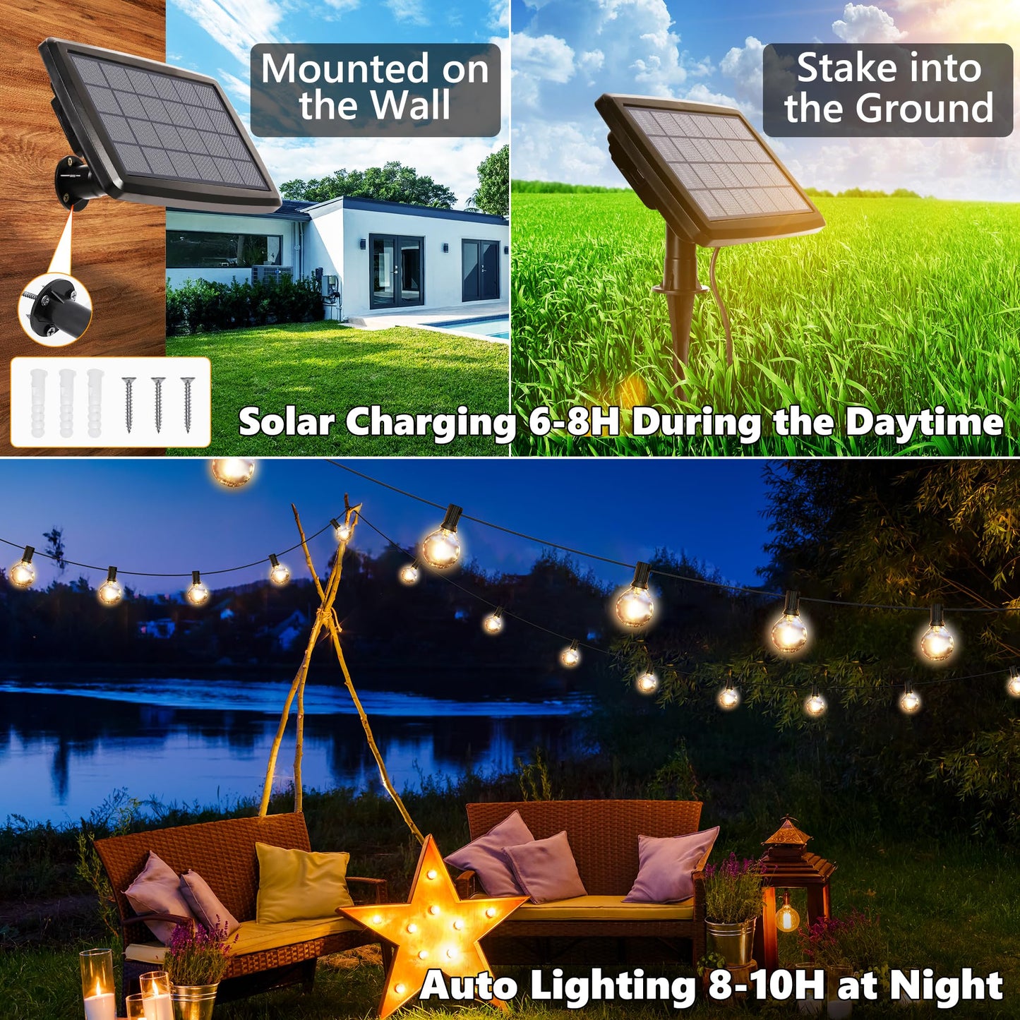 Joomer Solar String Lights Outdoor 60FT, 25+2 LED G40 Patio String Lights Commercial Grade, Waterproof Shatterproof Hanging Solar Lights 4 Modes for Outside,Yard,Cafe,Gazebo,Bistro,Porch, 2700k E12