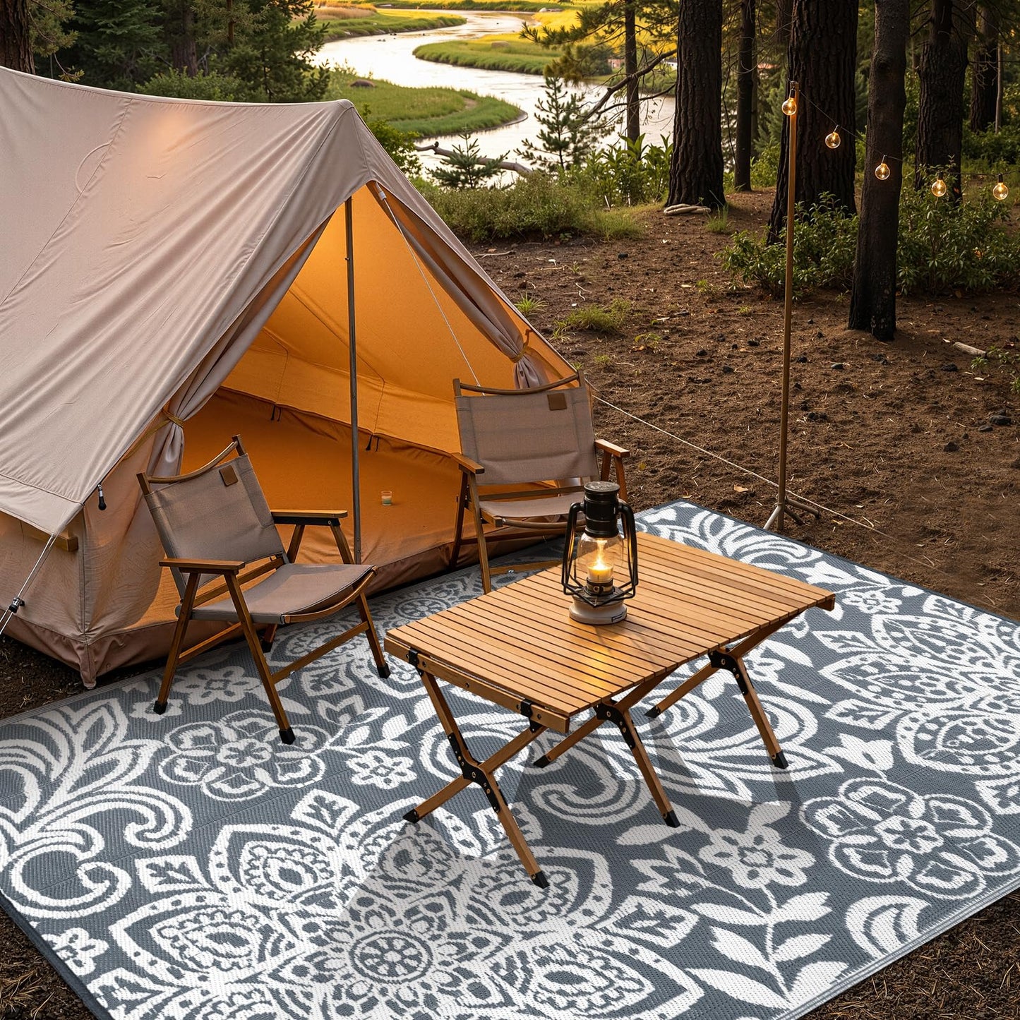 Findosom Waterproof Outdoor Rug 5' x 8' - Reversible Mandala Outdoor Plastic Straw Rug, Durable Foldable Patio Rug for RV, Deck, Balcony, Backyard, Picnic, Porch, Camping, Beach, Gray