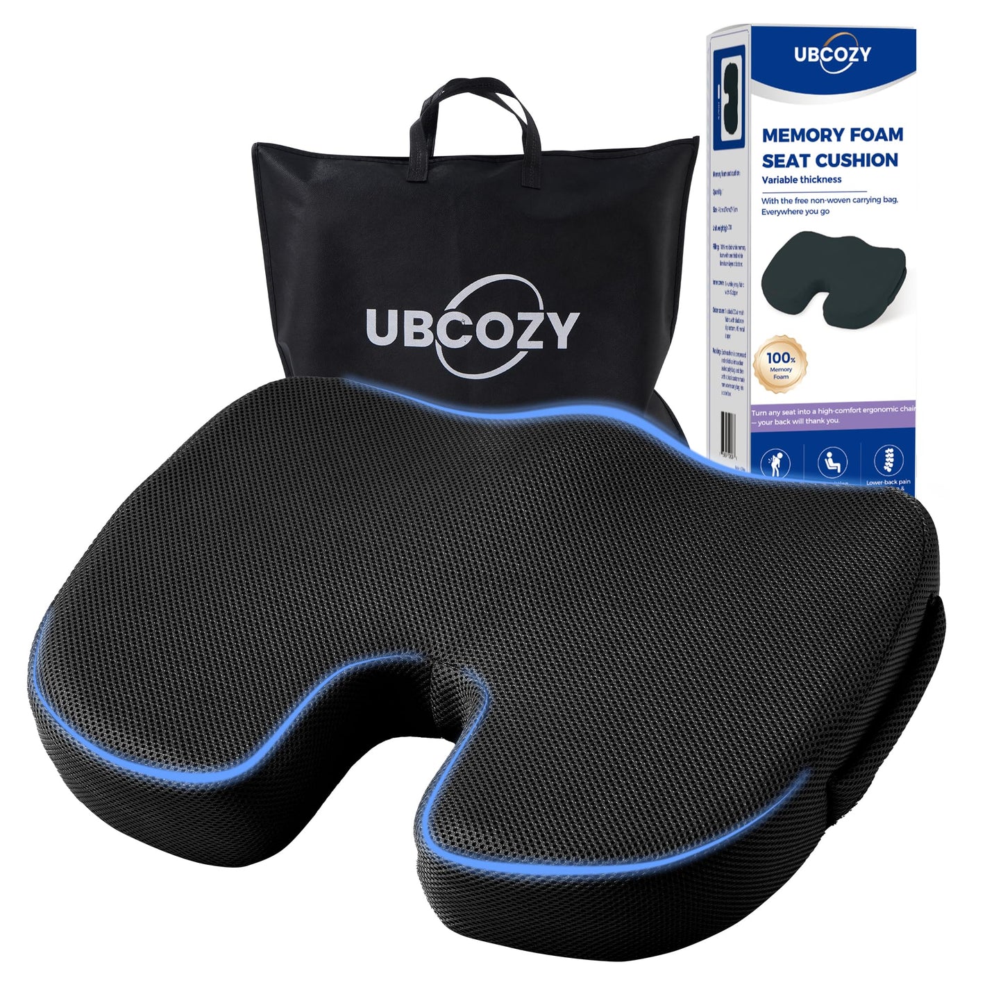 Extra Large Memory Foam Seat Cushions for Office Chairs, Car, Airplane, Wheelchair– Relieves Lumbar, Orthopedic, Sciatic, Coccyx and Back Pain – Comfortable Non-Slip – Bonus Carry Bag Included (Black)