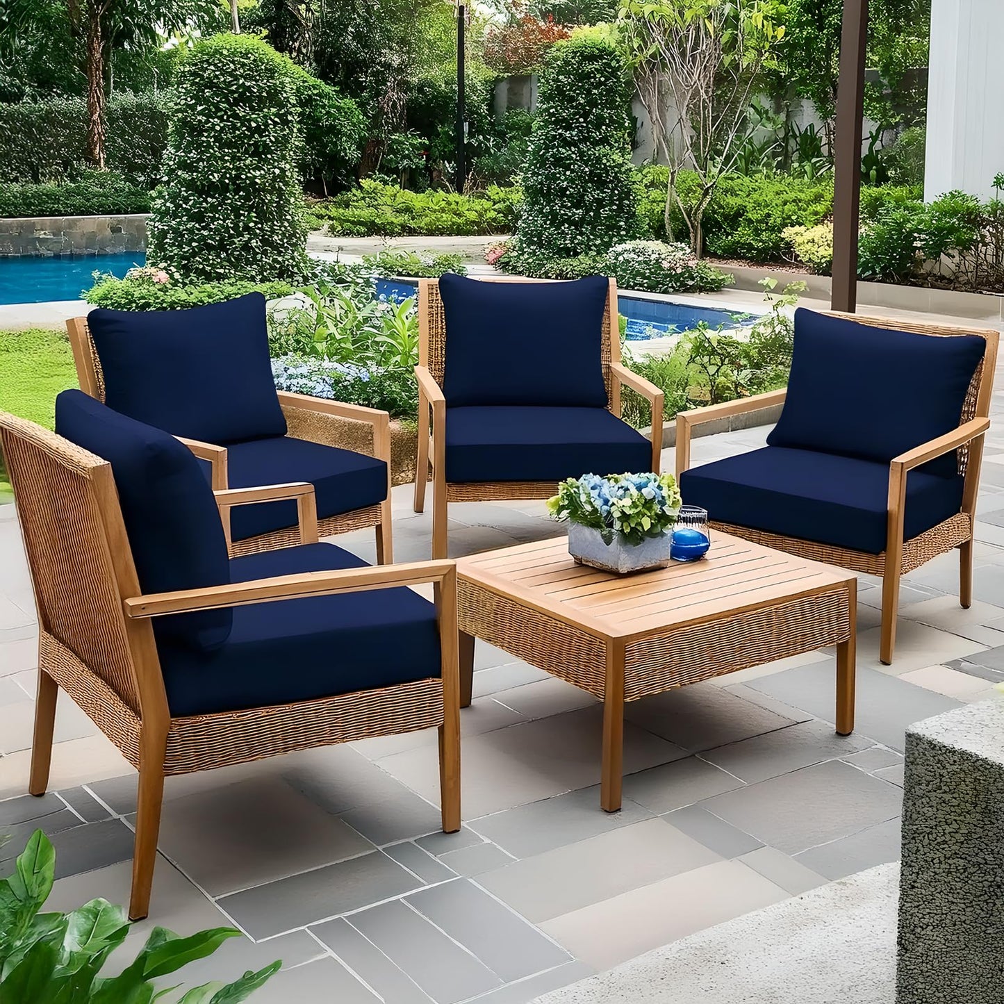 Fabuday Outdoor Chair Cushions Set - 24 x 24 Inch Waterproof & Fade Resistant Patio Furniture with Removable Cover Deep Seat & Back Pillow with Ties Replacement for Sunbrella Outside Sofa Couch Blue