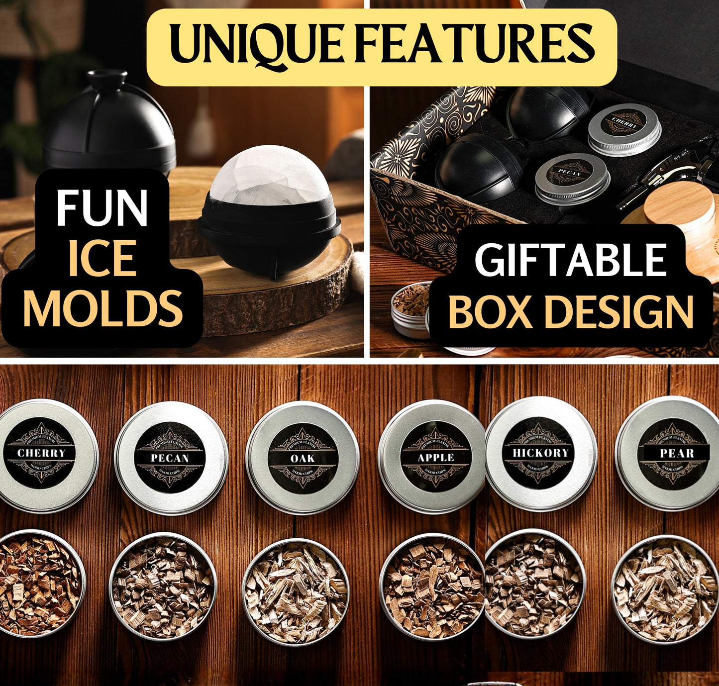 Whiskey Smoker Kit - Cocktail Smoker with Torch, 2 Ice Ball Makers, 6 Flavors Wood Chips, 2 Custom Burn Guard Filters - Old Fashioned Smoker Kit - Drink Smoke Infuser - Fumoir a Whisky