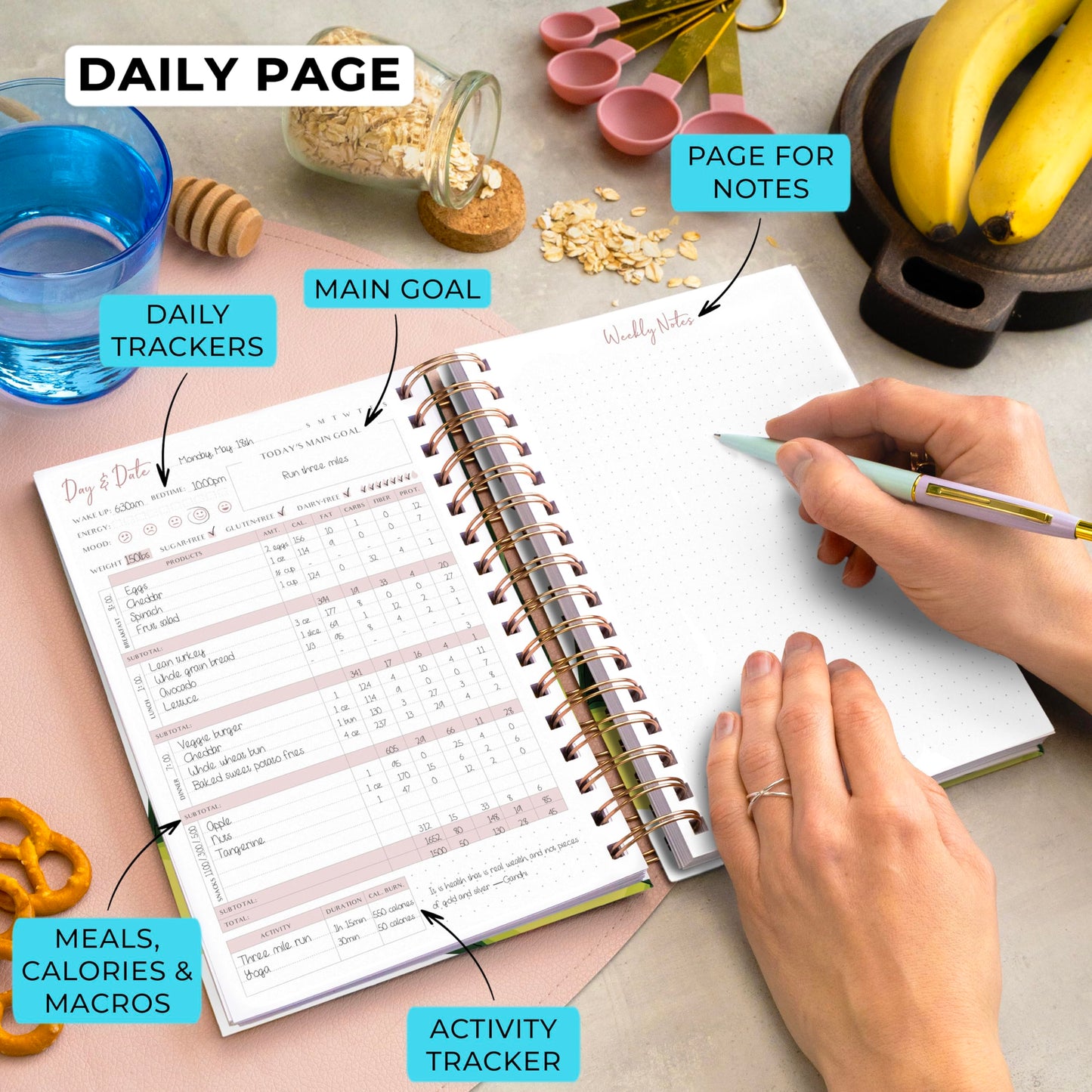 PLANBERRY Food Journal Premium – Nutrition Planner with Diet & Calorie Tracker – Wellness Diary for Tracking Meals & Exercise – Weight loss Journal - 6.3x8.5″ Hardcover (Avocado Green)