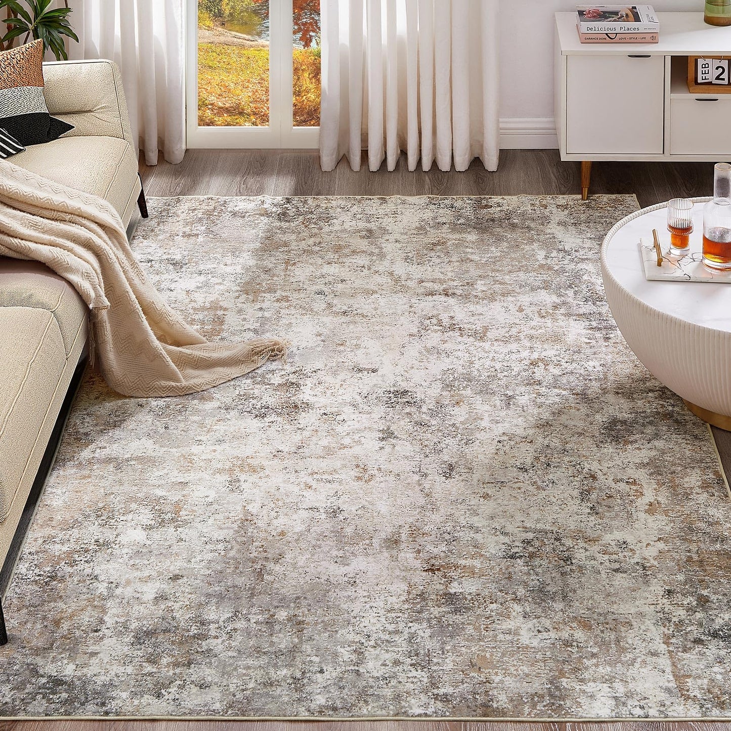 UERMEI 5x7 Area Rug Living Room Rugs - Washable Neutral Modern Abstract Soft Thin Large Rug Indoor Floor No Slip Rug Carpet for Bedroom Under Dining Table Home Office Decor - Brown Grey