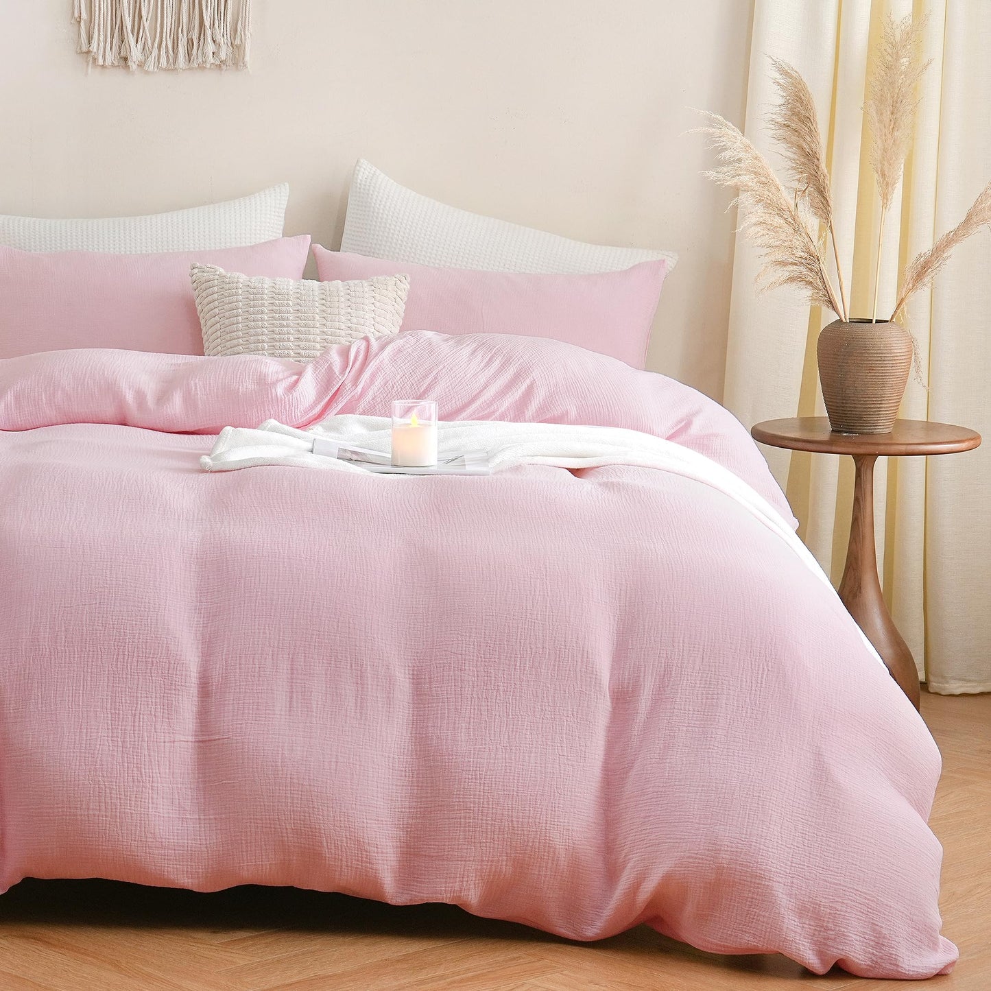 FANSTIVE Pink Muslin Duvet Cover King Set, 100% Cotton Comforter Cover Super Soft and Breathable, 3 Pieces Lightweight Gauze Bedding Set, 1 Duvet Cover with Zipper Closure and 2 Pillowcases