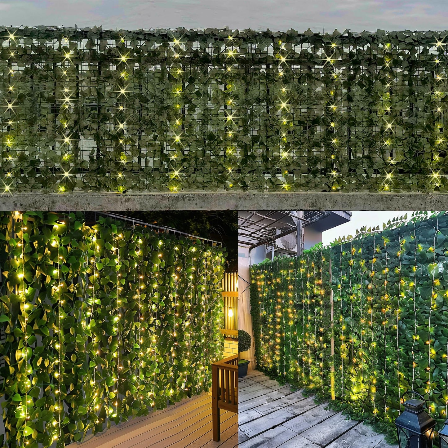 Artificial Ivy Privacy Fence with Lights 118x39.4in Grass Wall Screen Fake Vines Balcony Fence Privacy Screen Cover, Faux Ivy Leaf Hedge Panels Wall Decoration