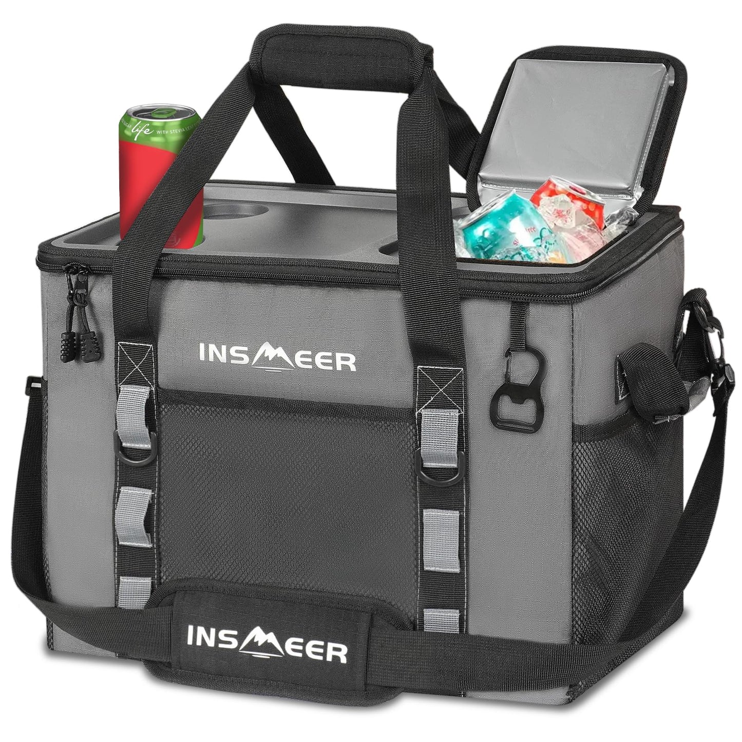 INSMEER Hard Top Soft Cooler with 2 Cup Holders, Large Foldable Cooler Bag - 40L/70 Cans, 100% Leakproof/Insulated/Portable Glaciere with Shoulder Strap for Travel, Beach, Camping, BBQ, Events