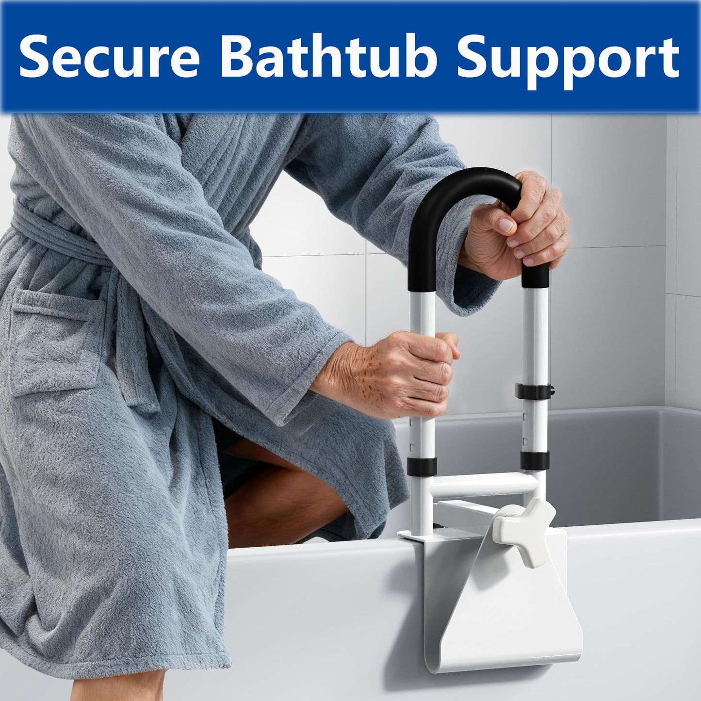 Adjustable Bathtub Safety Rail: Shower Grab Bar Handle for Seniors, Elderly, and Disabled, Fits 3.1 to 6.7 Inch Tub Walls, Bathroom Safety Bars with Non-Slip Grip, Supports 300 lbs