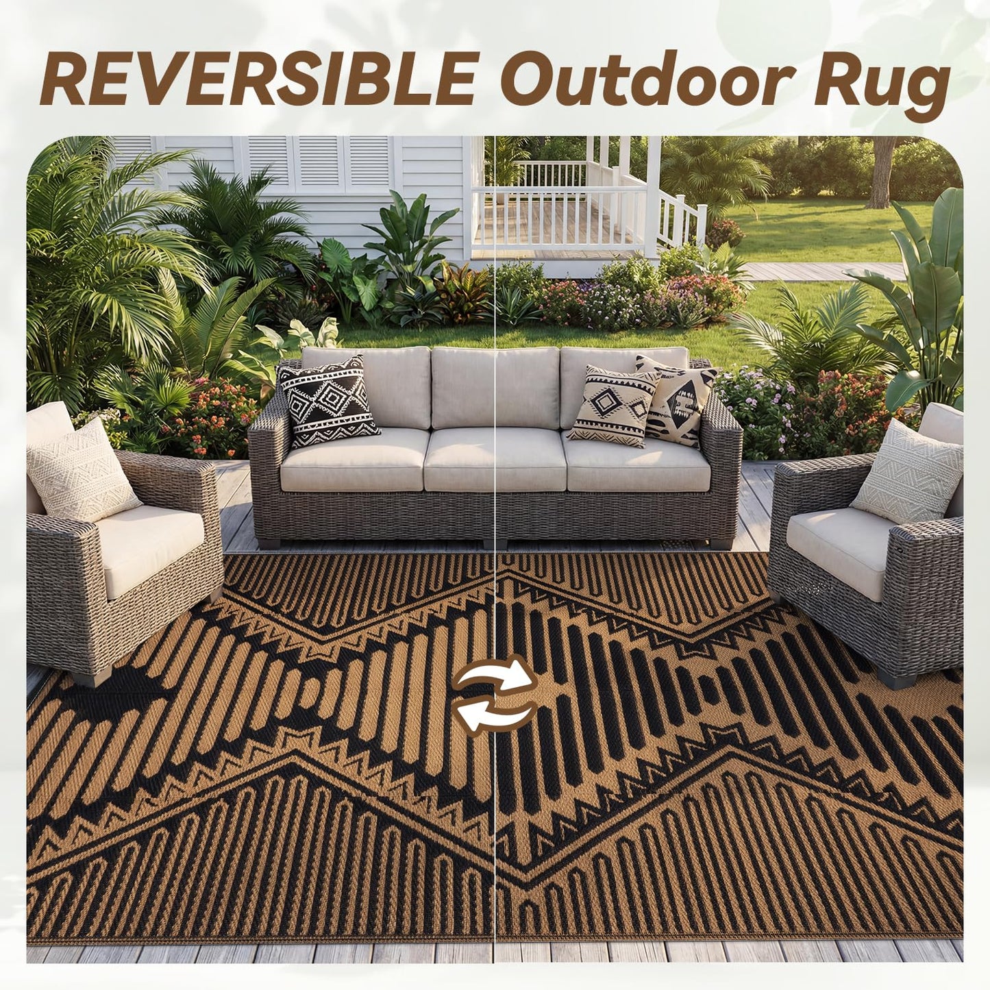 RESARE-Outdoor Rug-Patio Rug 6x9 ft Boho Waterproof Outdoor Carpet RV Deck Camping Portable Boho Rugs for Outdoor Area Rug Picnic Backyard Porch Beach Mat Black & Brown