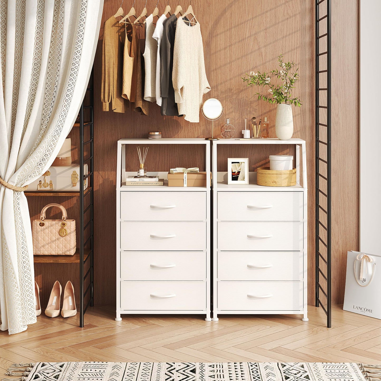 Mexin Dresser for Bedroom, Tall Night Stand with 4 Drawers, Bedside Table de Chevet, Small Chest of Drawers for Closet Living Room, White