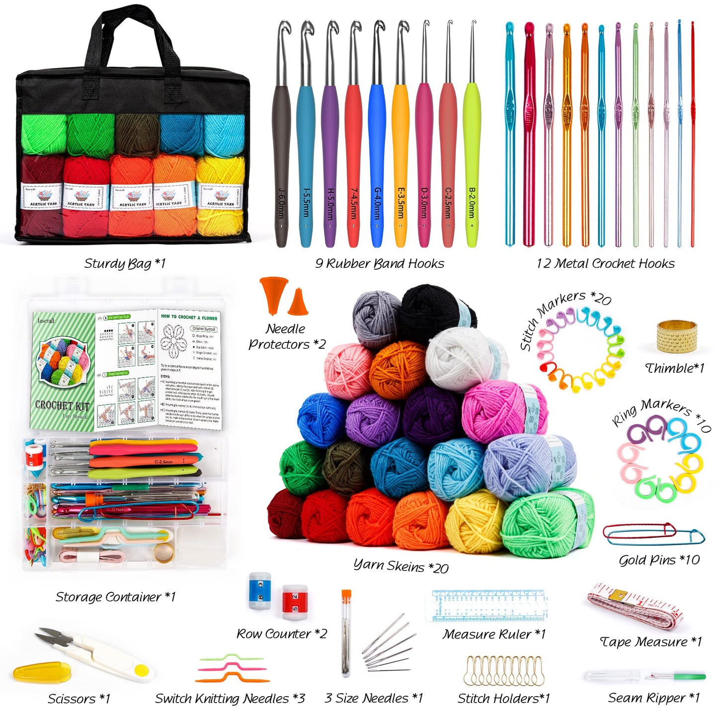 20 Large Acrylic Yarn Skeins-105 PCS Crochet Kit with Hooks Set, Premium Bundle Includes 2000 Yards Yarn Balls, Needles, Accessories, Ideal Starter Pack for Kids Adults Beginner Professionals