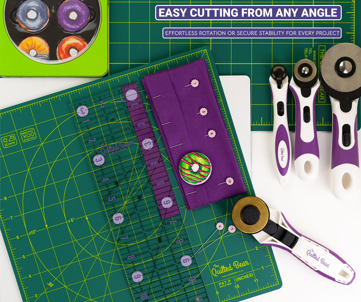 The Quilted Bear Rotating Cutting Mat - 12"x 12" Square Self Healing 360° Rotating Craft Cutting Mat with Innovative Locking Mechanism for Quilting & Sewing (Green)