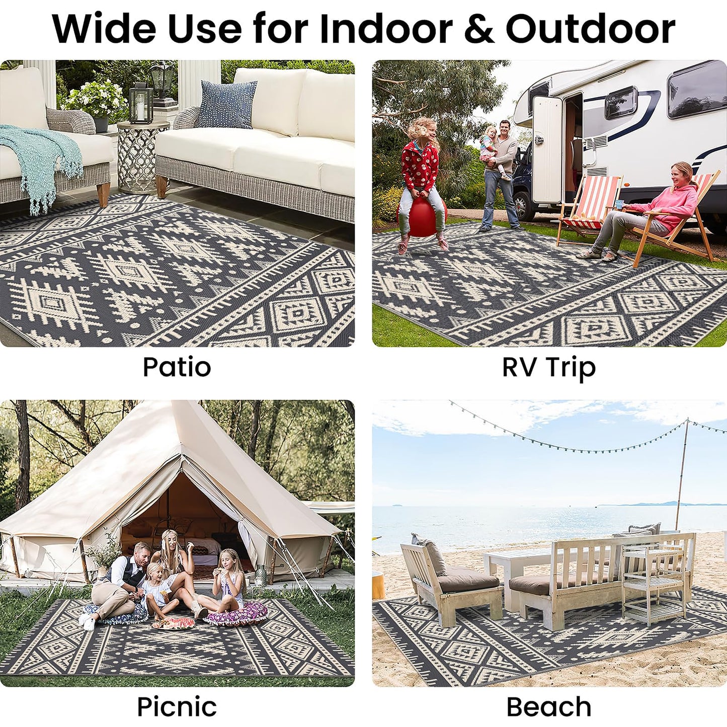 OLANLY Waterproof Outdoor Rug 5x8 ft, Reversible Plastic Straw Patio Camping Rugs, Large Foldable Outdoor Carpet Deck Rugs for Patio, RV, Outside Entry, Backyard, Bench, Picnic, Black & Beige