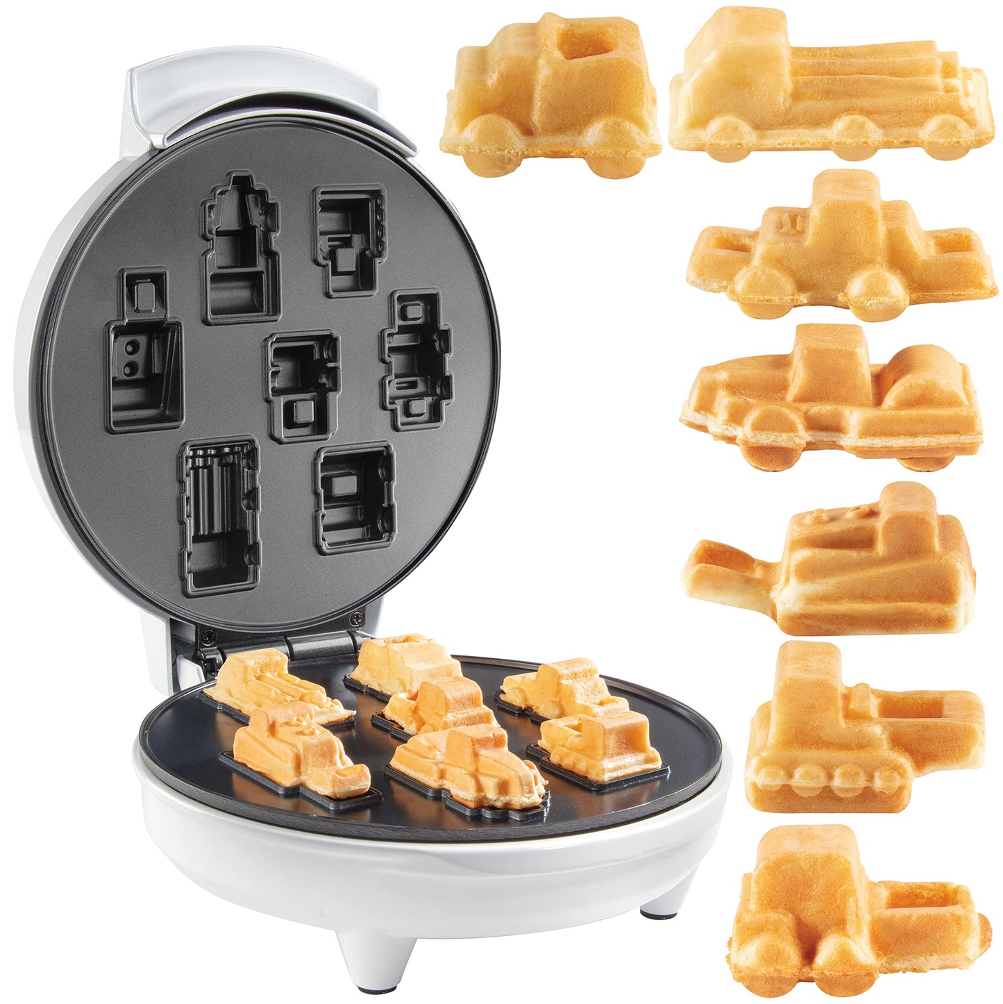 Construction Trucks Mini Waffle Maker - Make 7 Fun, Different Vehicle Shaped Pancakes Featuring a Bulldozer, Forklift & More - Electric Non-Stick Pan Cake Car Waffler Iron