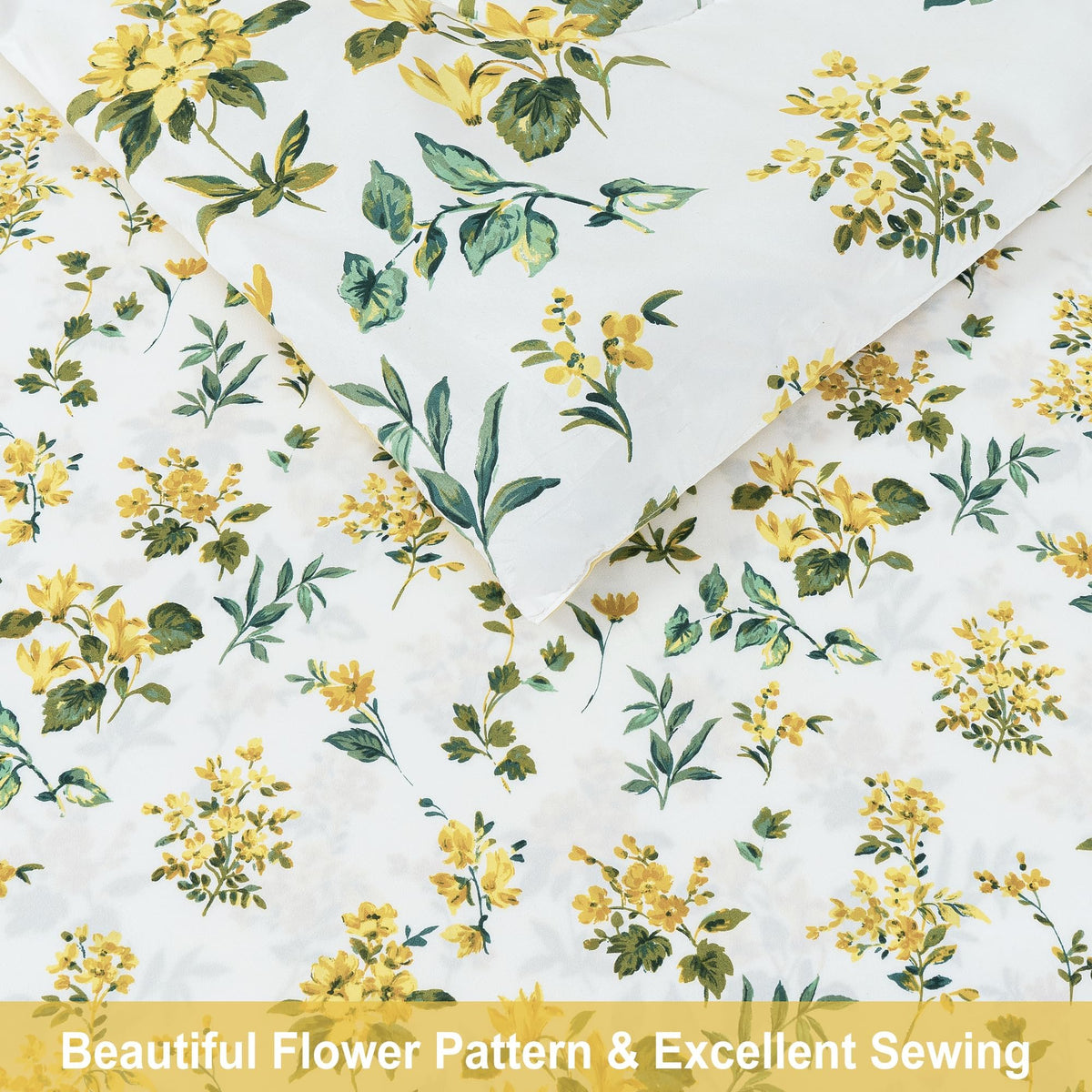 lasoftan Floral Queen Comforter Set with Sheets, 7 piece Luxury Vintage Bedding, Soft Microfiber Bed in a Bag, Cozy Lightweight Bed Set, Yellow Flower Green Leaves