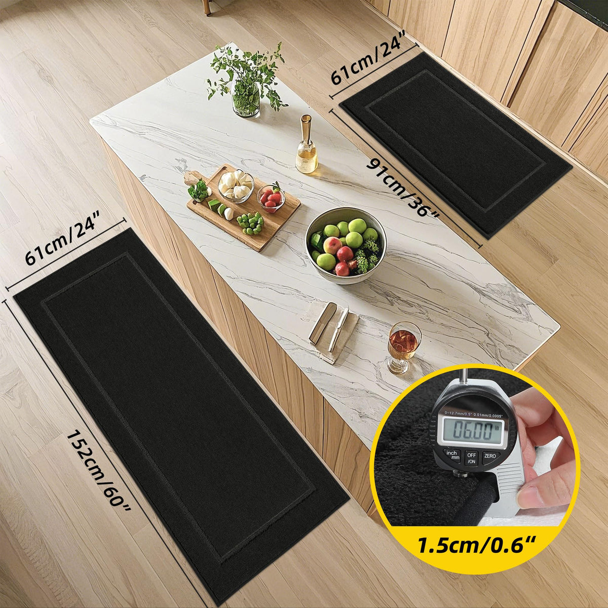 JSEI Non-Slip Kitchen Mats, Self Adhesive No Sliding Kitchen Rugs Set of 2, Washable Absorbent Floor Mat for Kitchen, Bathroom, Laundry Room, Bedroom, 24"x36"+24"x60" Black, Rectangular Pattern