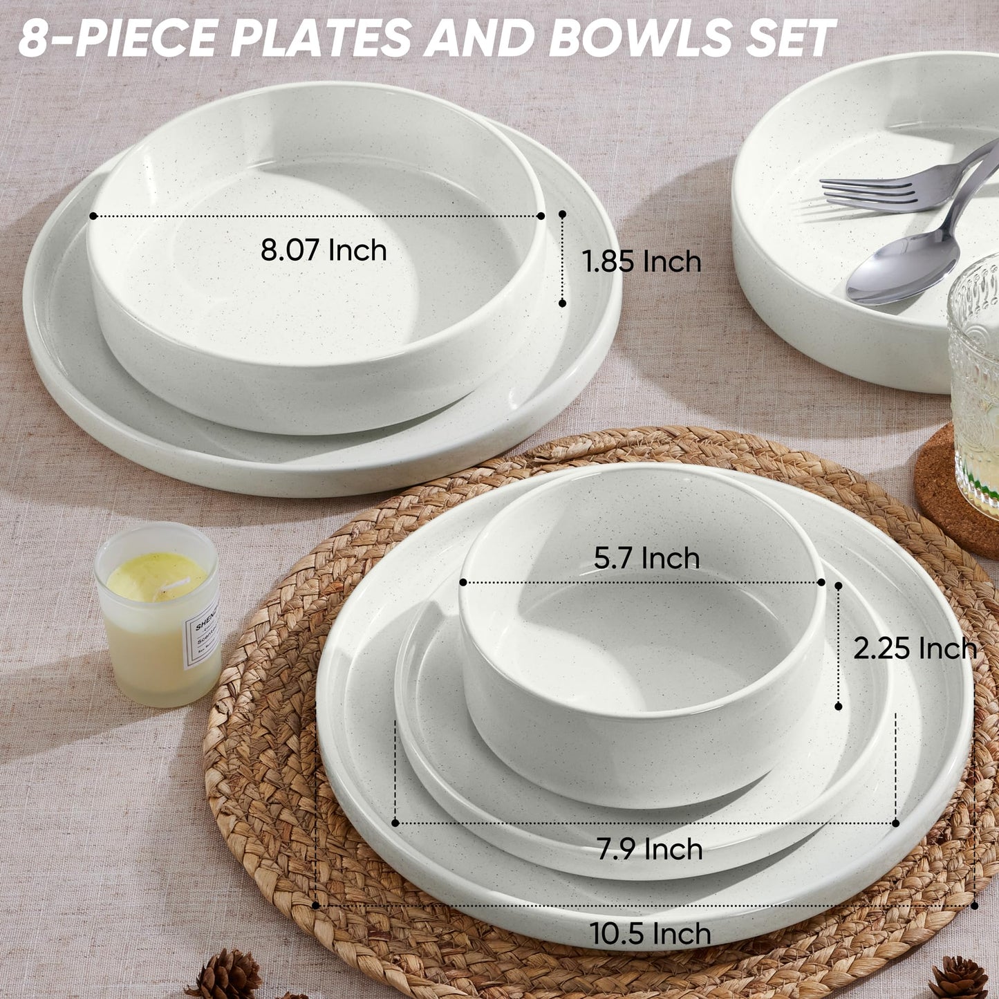 E-far 8-Piece Plates and Bowls Sets - Stoneware Dinnerware Sets with Pasta Bowls for 2 | Microwave & Dishwasher Safe Modern Dish Set, Speckled White