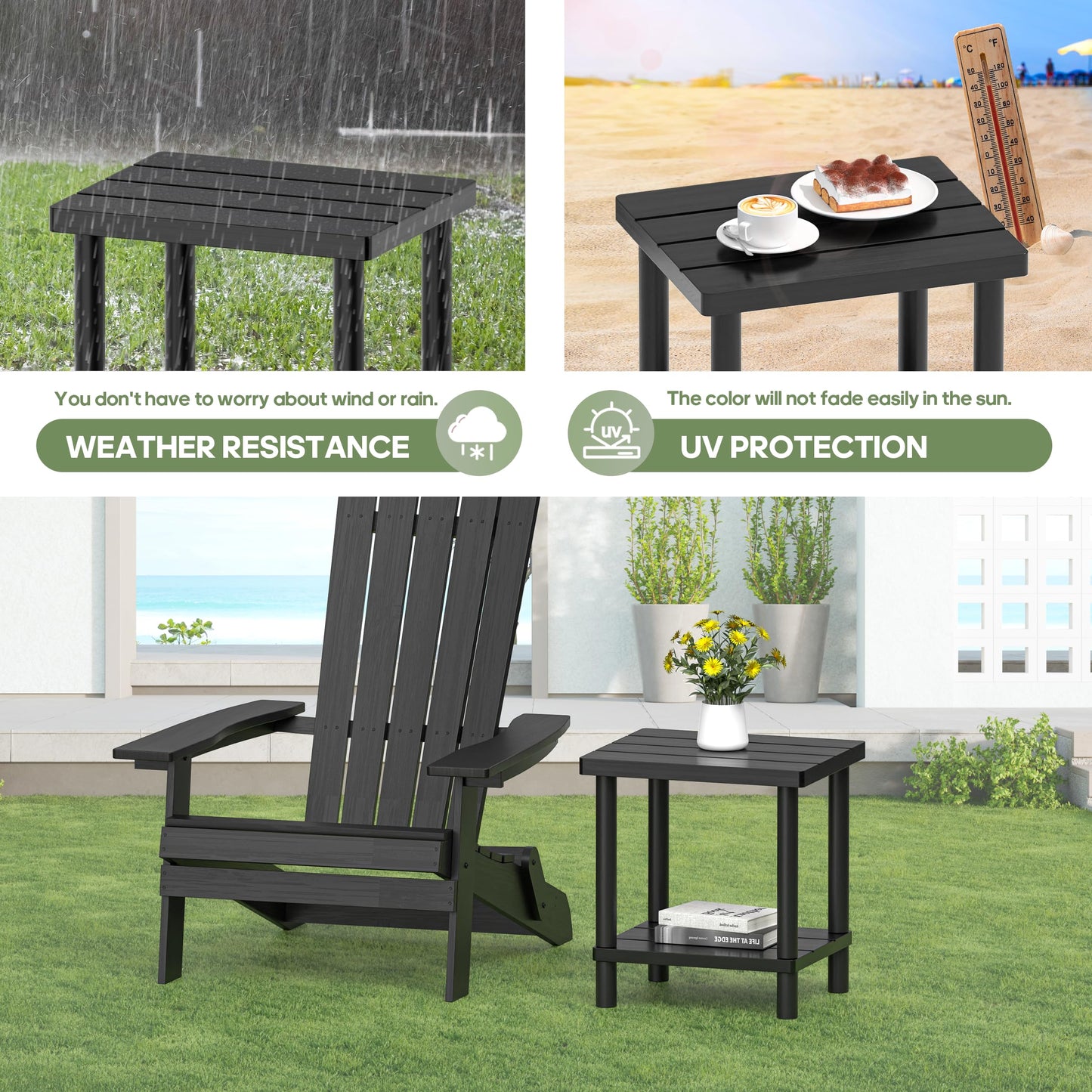 Outdoor Side Table, 2-Tier Small Outdoor Table for Patio, Adirondack Side Table for Outside or Indoor, Bamboo End Table for Pool, Porch, Weather Resistant Easy Maintenance(Black)
