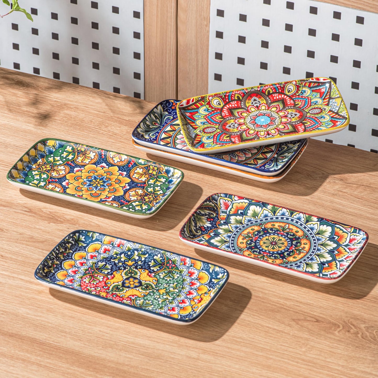 Henten Home Ceramic 10 Inch Salad Plates, Porcelain Rectangular Dessert Plate Set of 6, Bohemian Serving Dishes for Sushi, Pasta, Appetizer, Microwave & Dishwasher Safe