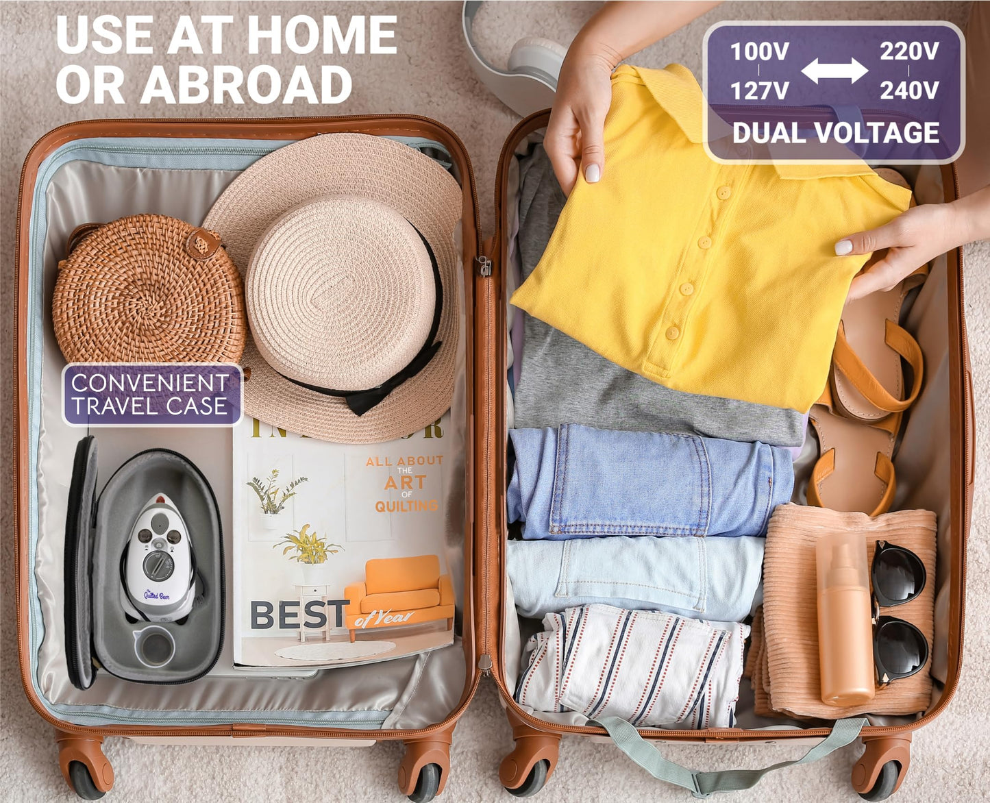 The Quilted Bear Mini Iron, Iron Rest & Ironing Mat - Lightweight Mini Steam Iron with Hard Shell Travel Case, Heat Resistant Silicone Iron Rest & Travel Ironing Mat (Black)