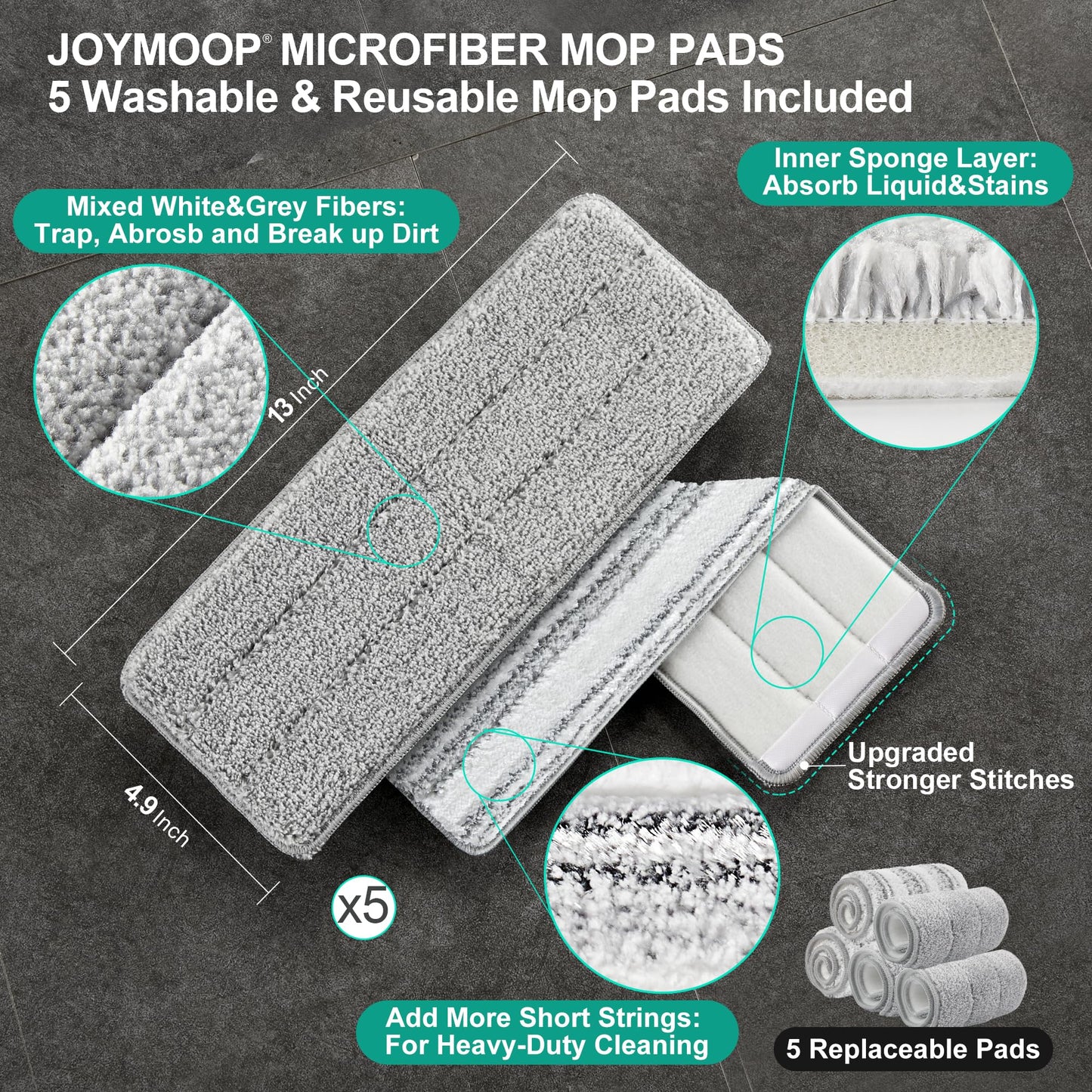 JOYMOOP Mop and Bucket with Wringer Set, White Flat Squeeze Mop Bucket Set for Floor Cleaning, Wall Cleaner with Long Handle, Hardwood Floor Mop, Flat Head Mops -5 Microfiber Cloths