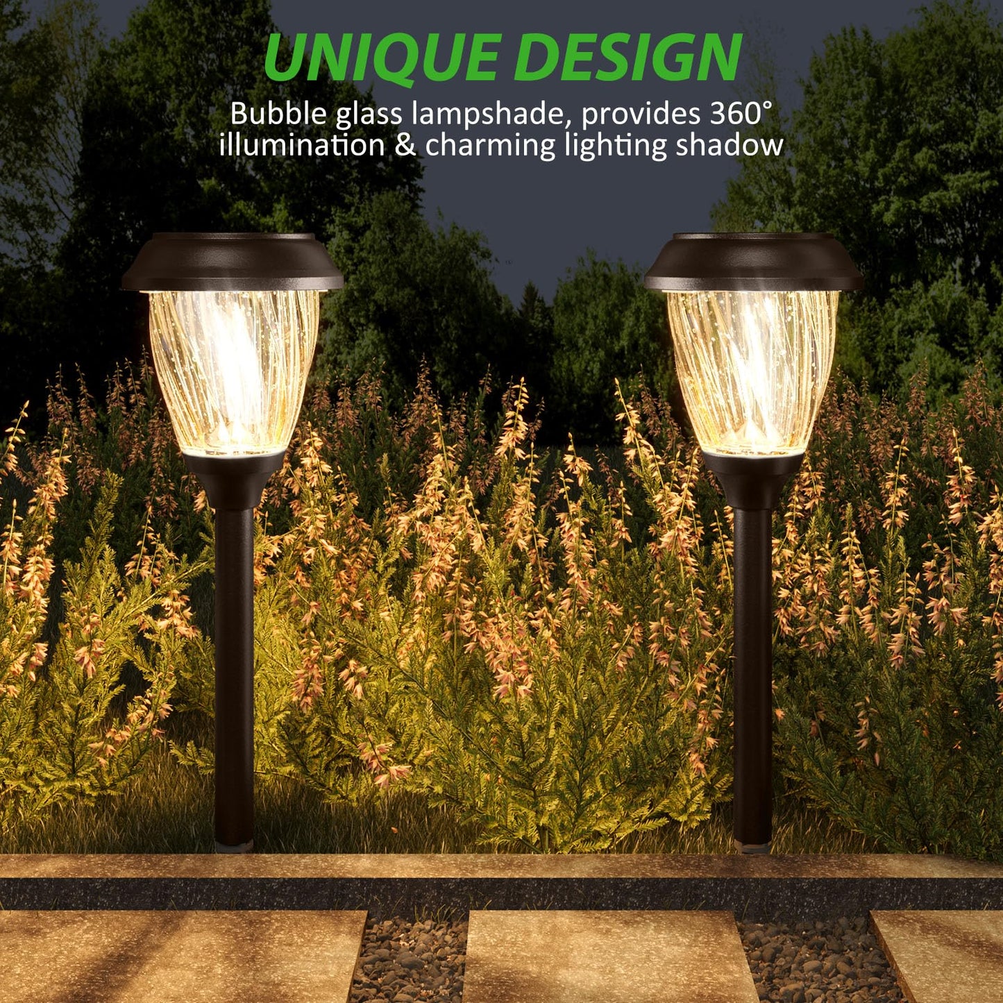 XMCOSY+ Solar Lights Outdoor 10/25 LM LED with 2 Lighting Modes, Solar Garden Lights Glass and Metal, IP65 Waterproof Solar Powered for Yard Pathway Walkway Driveway Patio (6 Pack, Warm White)
