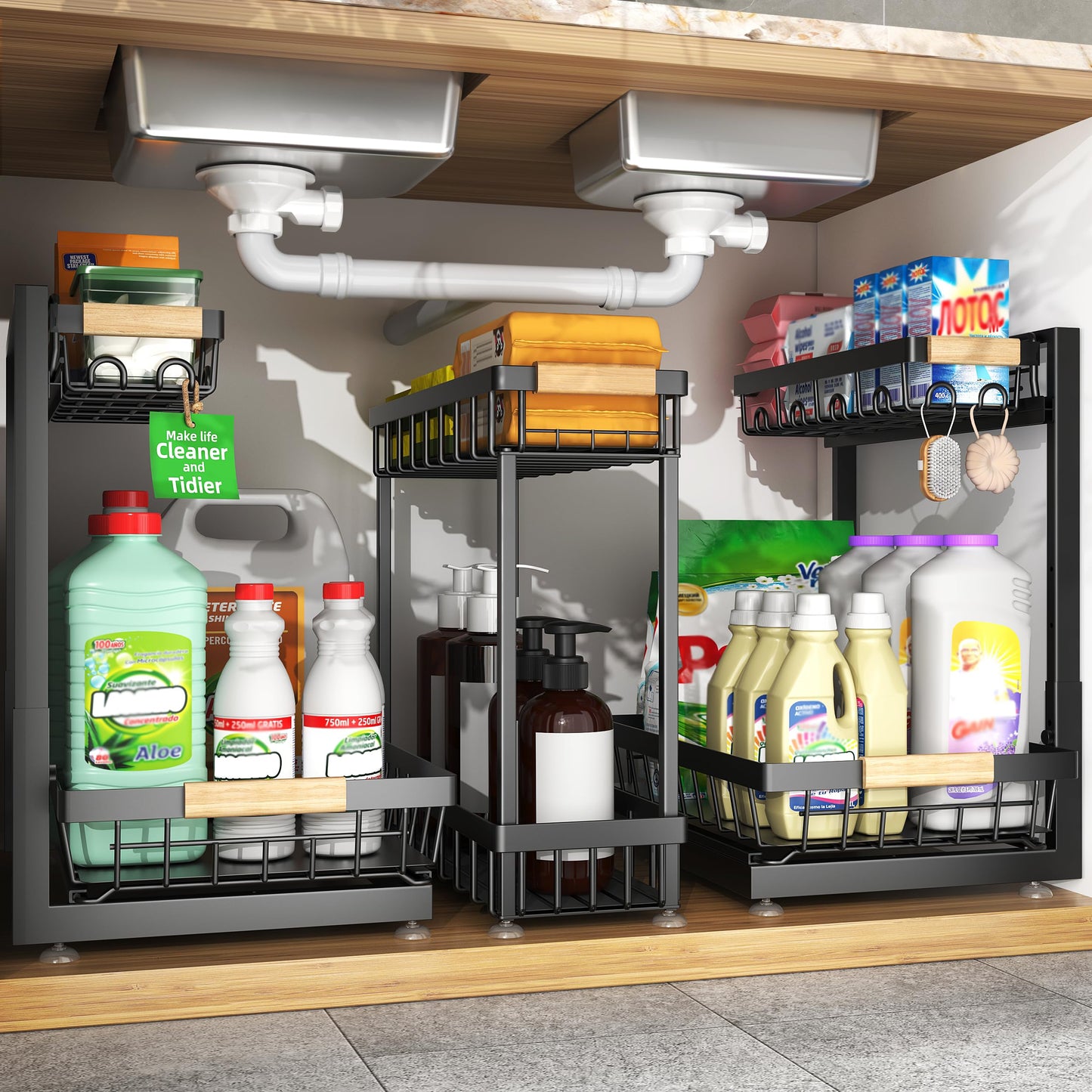 Sevenblue 3 Pack Under Sink Organizer, Height Adjustable 2 Tier Metal Under Kitchen Sink Organizer, Multi-Purpose Storage Shelves for Kitchen Bathroom Cabinet (Black)