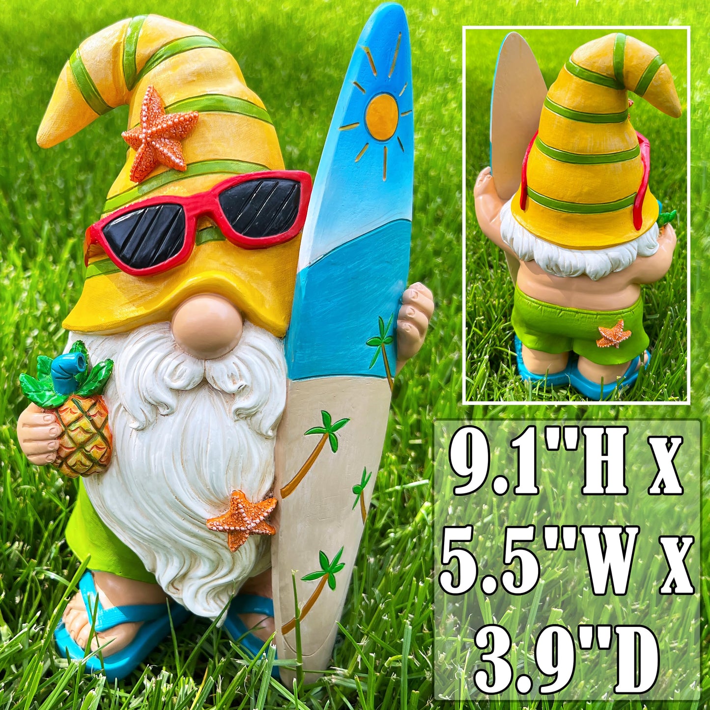 Mood Lab Garden Gnome - Surfer Gnome Figurine - 9.1 inch (23.2cm) Tall Funny Lawn Statue - for Outdoor & House Decor
