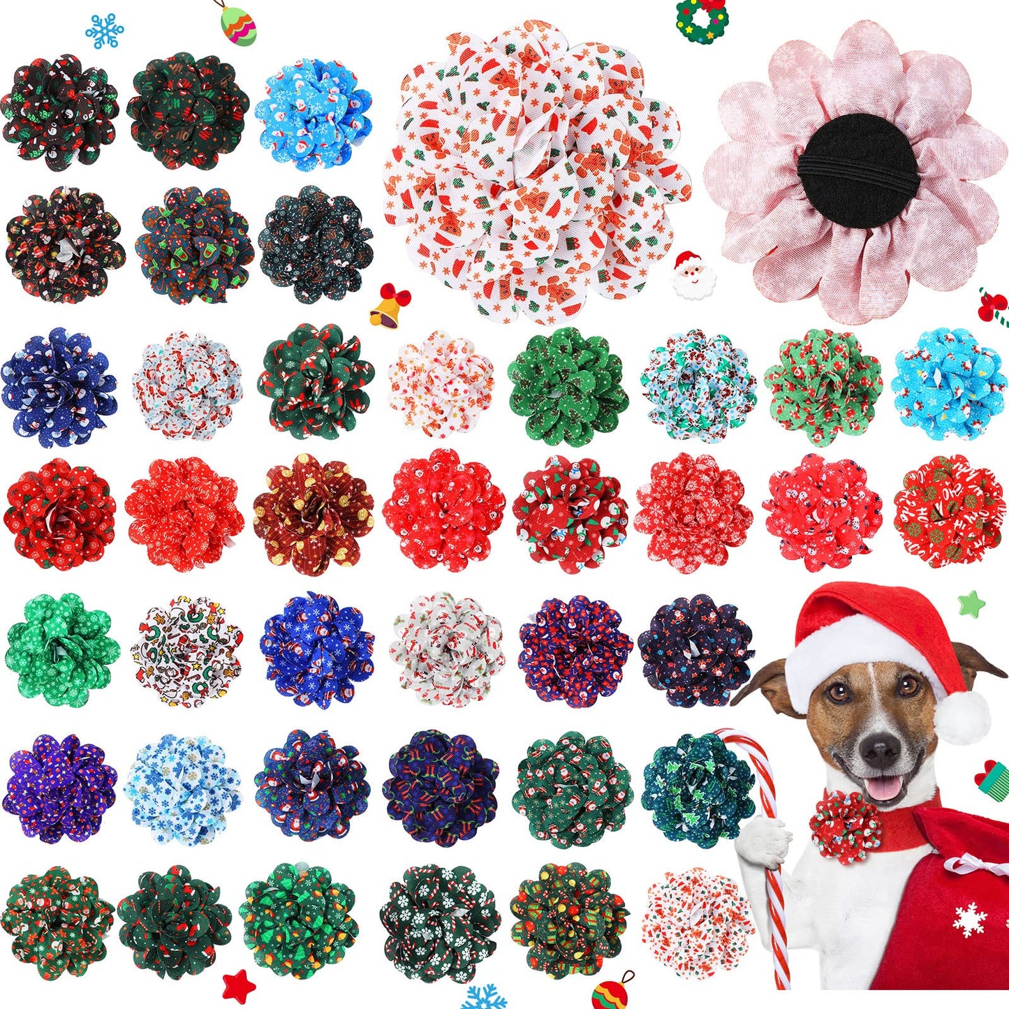 Sanwuta 80 Pieces Christmas Dog Collar Flowers Bulk Santa Claus Snowflakes Dog Charms Grooming Accessories Bow Tie Flower for Pets Cat Collar Attachment Embellishment Xmas Party Costume