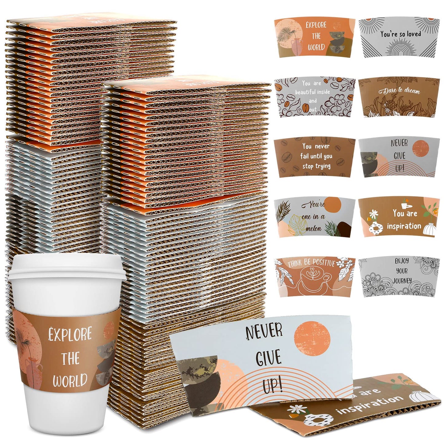 Dingion 500 Pack Coffee Cup Sleeves Corrugated Cardboard Motivational Disposable Sleeve for Inspiring Cold or Hot Beverage Chocolate Coffee Tea, Fits 12oz 16oz Paper Cups