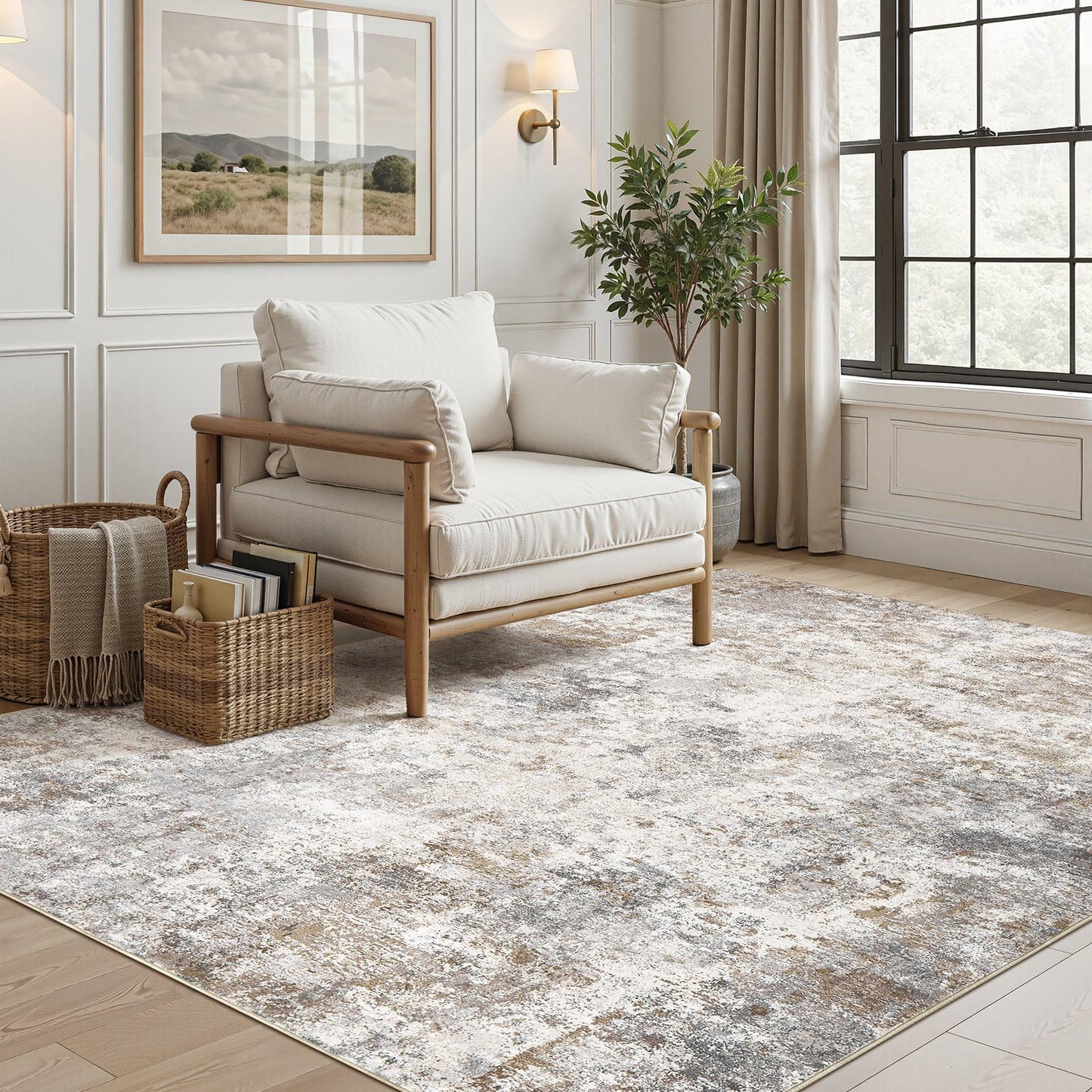 UERMEI 5x7 Area Rug Living Room Rugs - Washable Neutral Modern Abstract Soft Thin Large Rug Indoor Floor No Slip Rug Carpet for Bedroom Under Dining Table Home Office Decor - Brown Grey