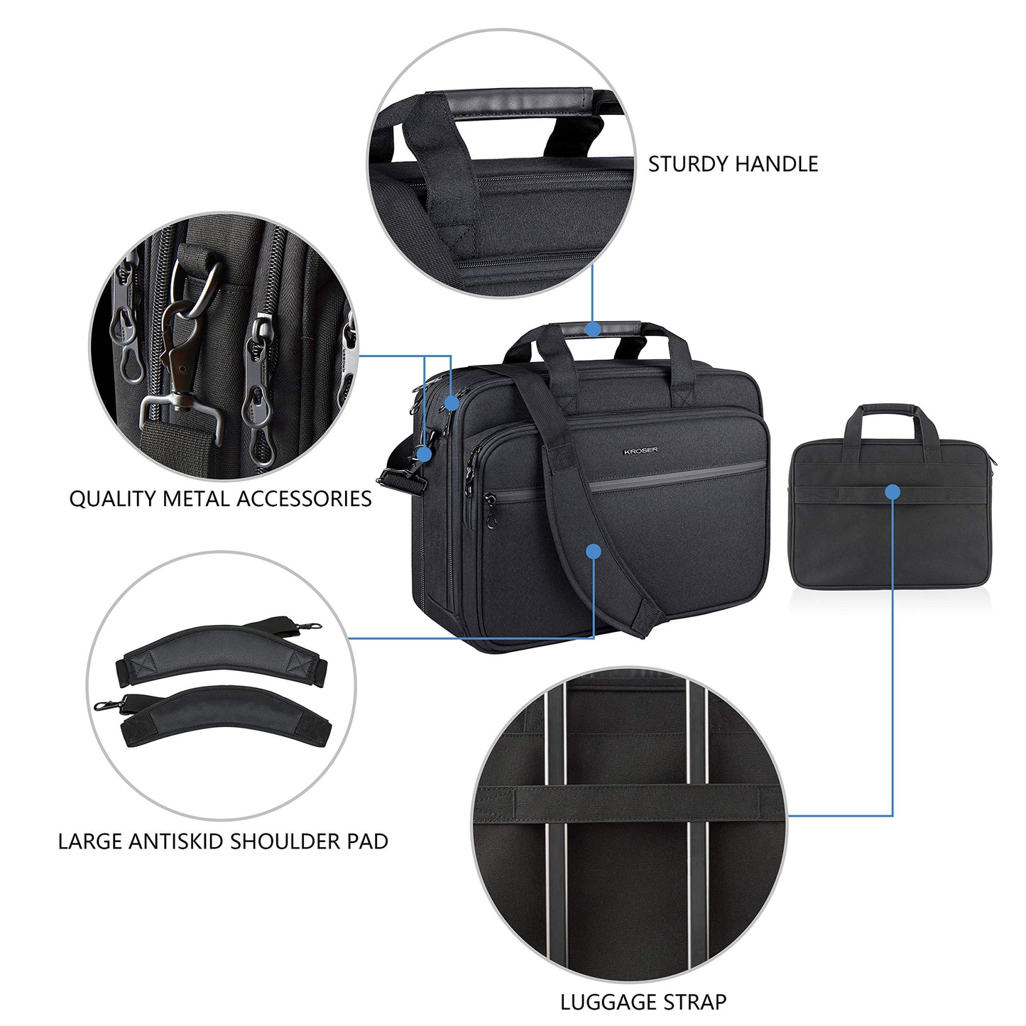 KROSER 17.3" Laptop Bag Premium Laptop Messenger Bag Fits Up to 17.3 Inch Laptop Shoulder Bag Expandable Water-Repellent Computer Bag with RFID Pockets for Travel/Business/School/Men/Women-Black