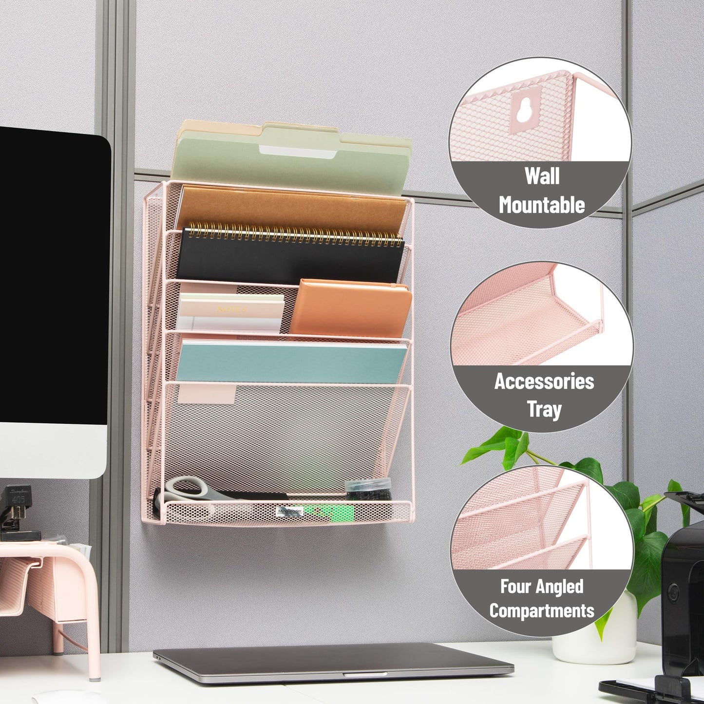 Mind Reader 5-Tier Vertical File Storage, Desktop Organizer, Wall Mount, Office, Metal Mesh, 12.75"L x 4"W x 16"H, Pink