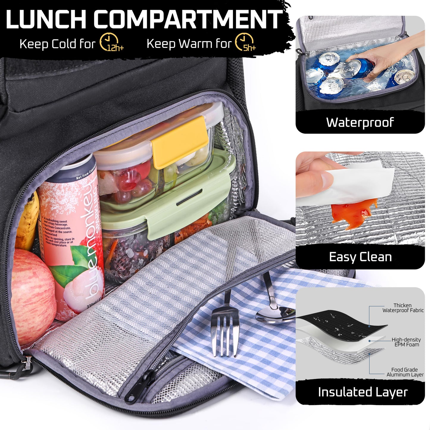 MOZETO Laptop Lunch Backpack for Men, Tactical Inspired Utility Anti-Theft Waterproof 17inch Laptop Work Bag with Cooler Compartment Lunchbox