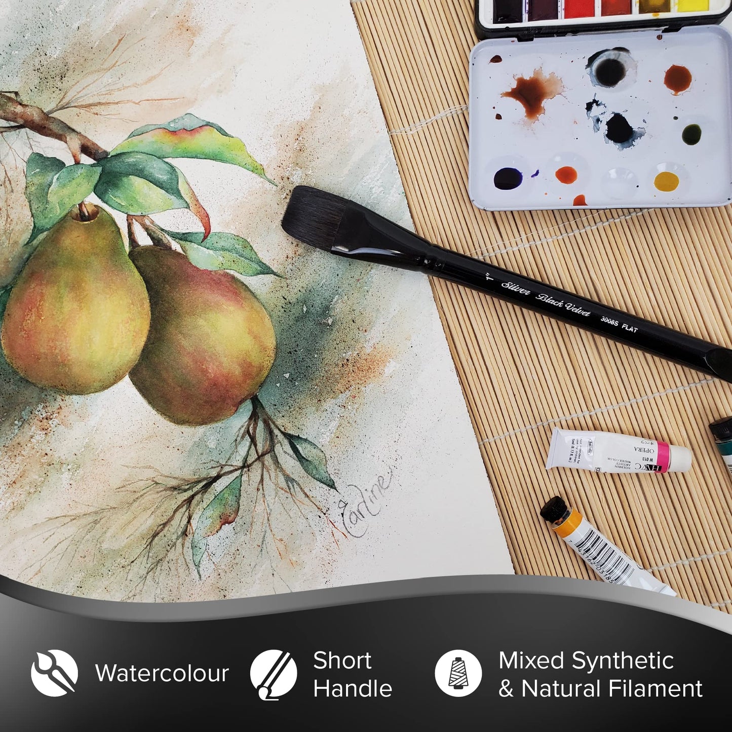 Silver Brush 3008S-012 Black Velvet Short Handle Blend Squirrel and Risslon Brush, Square Wash, 1/2-Inch