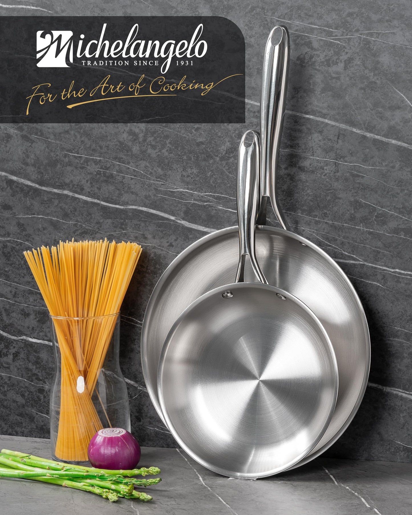 MICHELANGELO Stainless Steel Frying Pan Set, 8" 10" Cooking Pan Set with Triply Base, Stainless Steel Skillet with Ergonomic Handle, Induction Compatible