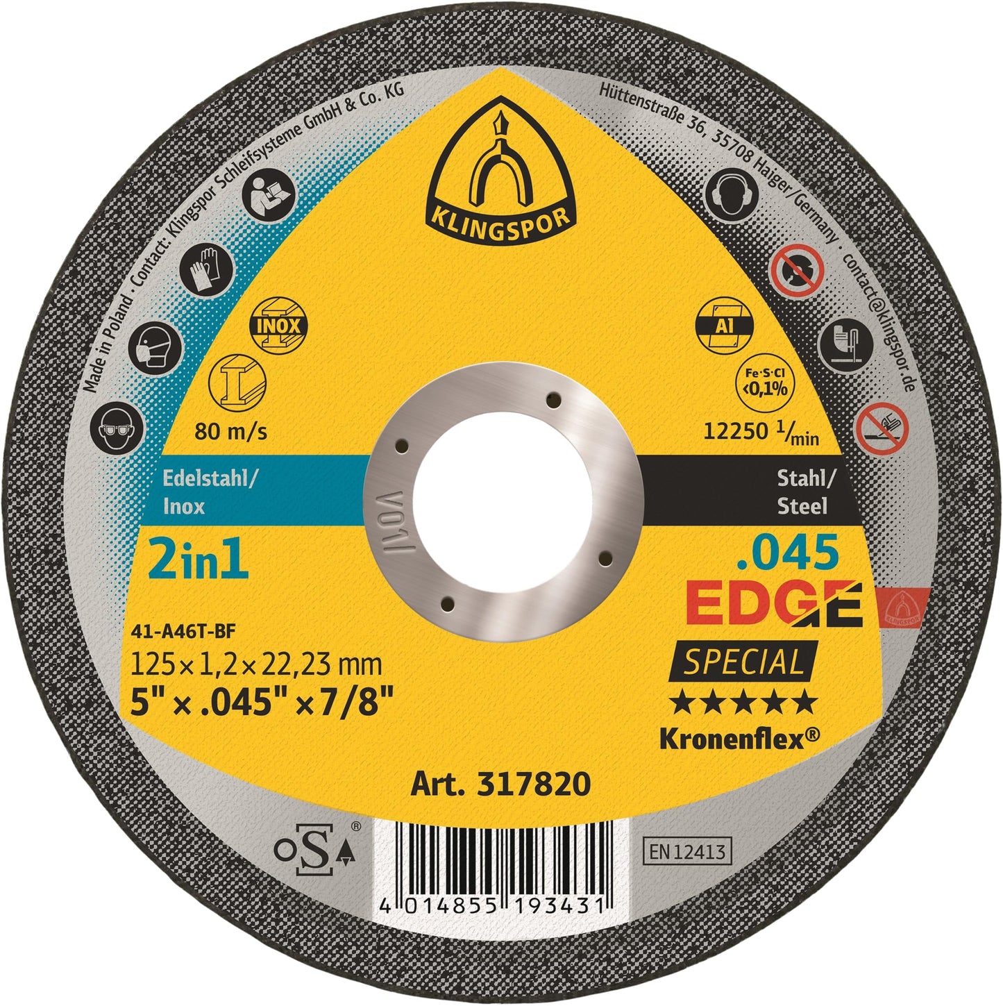 Klingspor 317820 5" x .045" x 7/8" Kronenflex Edge Cutting Wheel - Pack of 25