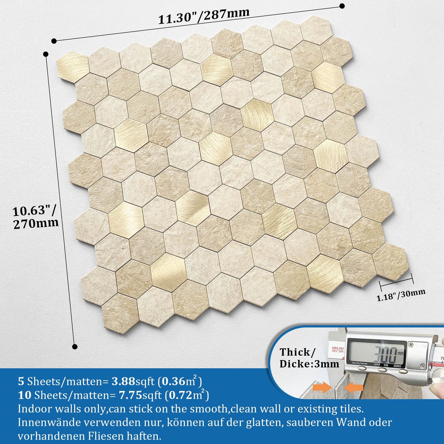 M MOFIT Hexagon Peel and Stick Backsplash Tiles Kitchen,Self-Adhesive Metal and Marble Honeycomb Peel and Stick Wall Tiles Sticker Mosaic Heat Resistant(Beige,10sheets)
