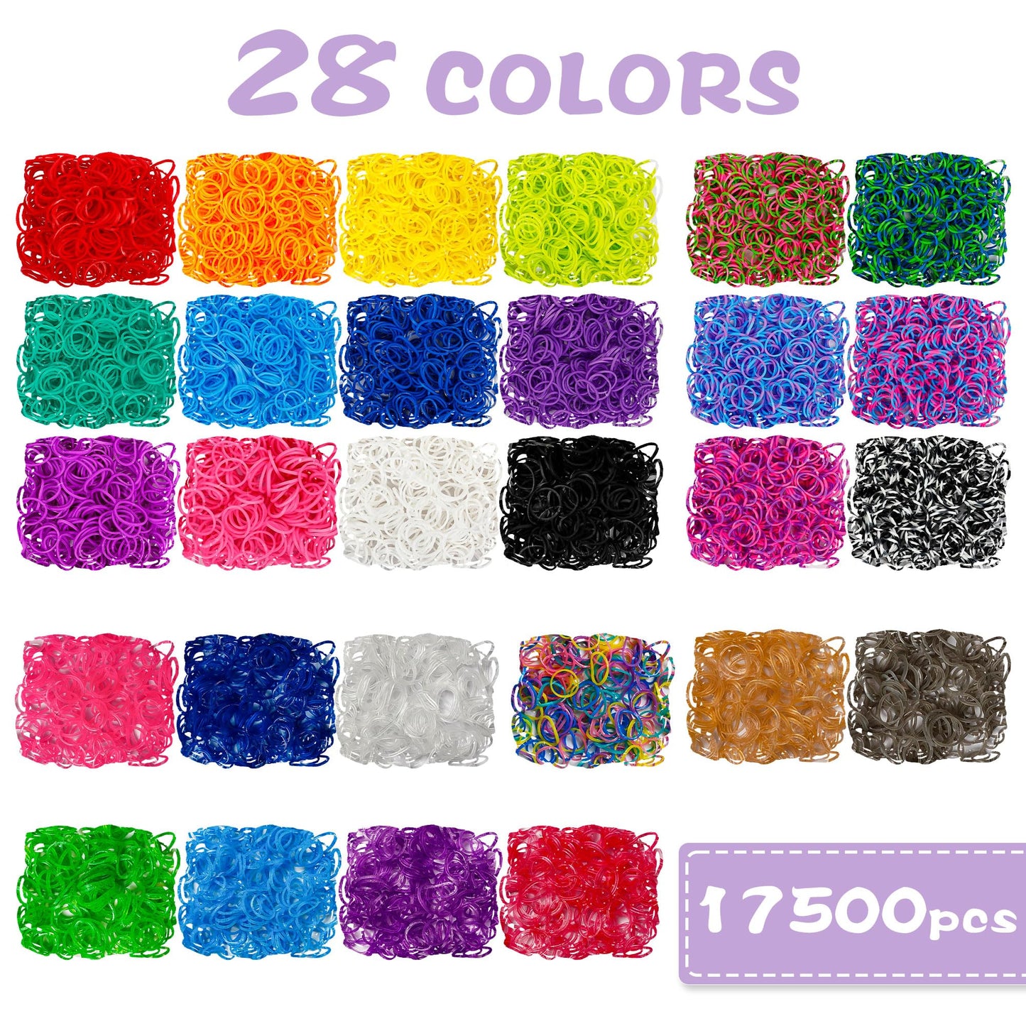 17500+ Rubber Loom Bands with 3 Layer Light Purple Container, 28 Colors, 600 S-Clips, 352 Beads, 40 Cartoon Pendant, Bracelet Making Refill Kit for Kids