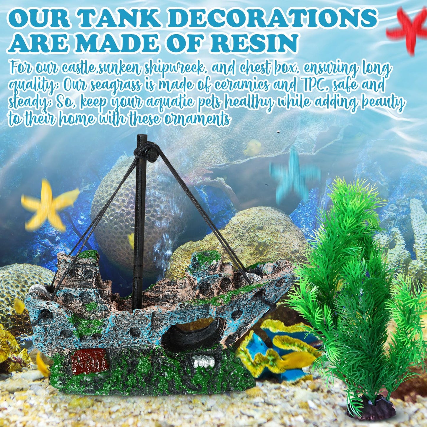 Wenqik Aquarium Decorations Large, Resin Sunken Shipwreck, Undersea Treasure Chest, Ancient Castle Ruins Tunnel House, Simulated Artificial Water Plants, Fish Shrimp Cave Hide for Fish Tank, Safe