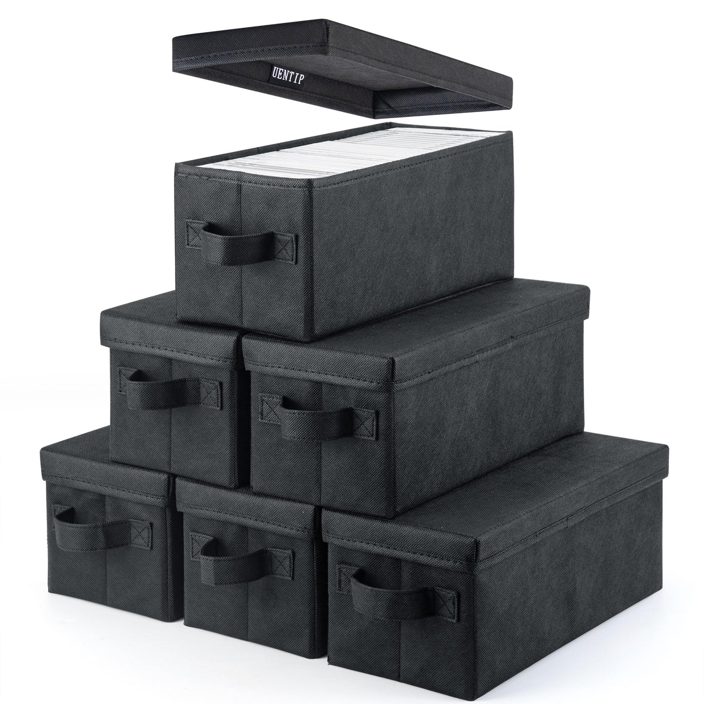 CD Storage Box with Lid,Stackable Storage Box with Handles for Organizer Music Collection -Holds 180 standard jewel cases, 360 slim cases, or 990 sleeves — each with a CD (black, 6pack)